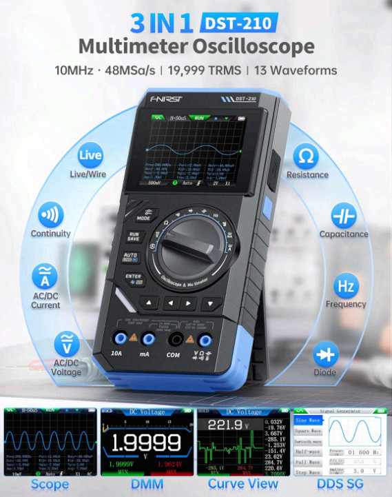 DST-210 3in1 Oscilloscope Multimeter 10MHz 48MS/s 19999 Counts AC/DC Tester