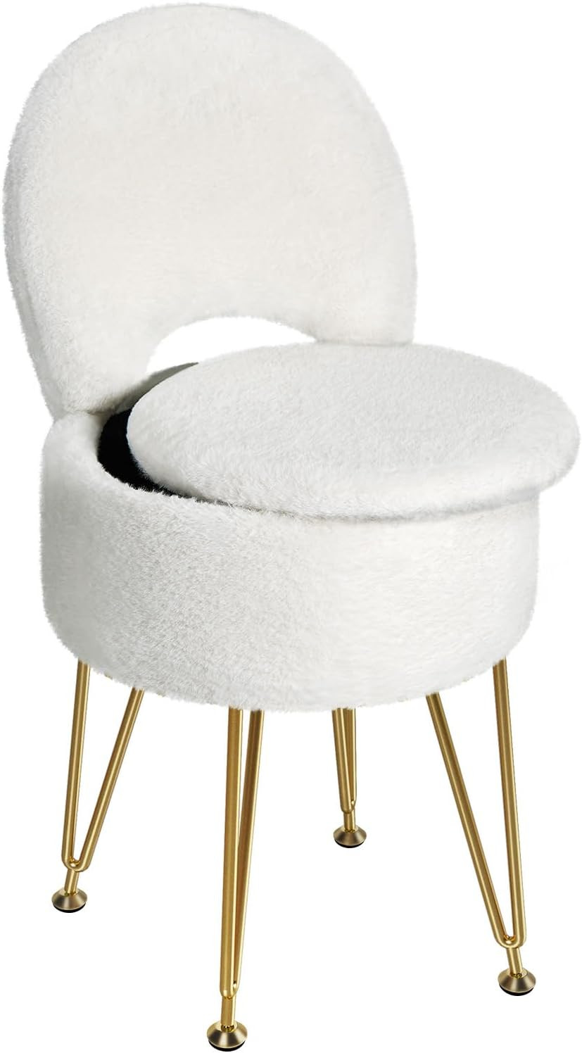 Taburete tocador pequeno piel sintetica con almacenaje patas metal de blanco