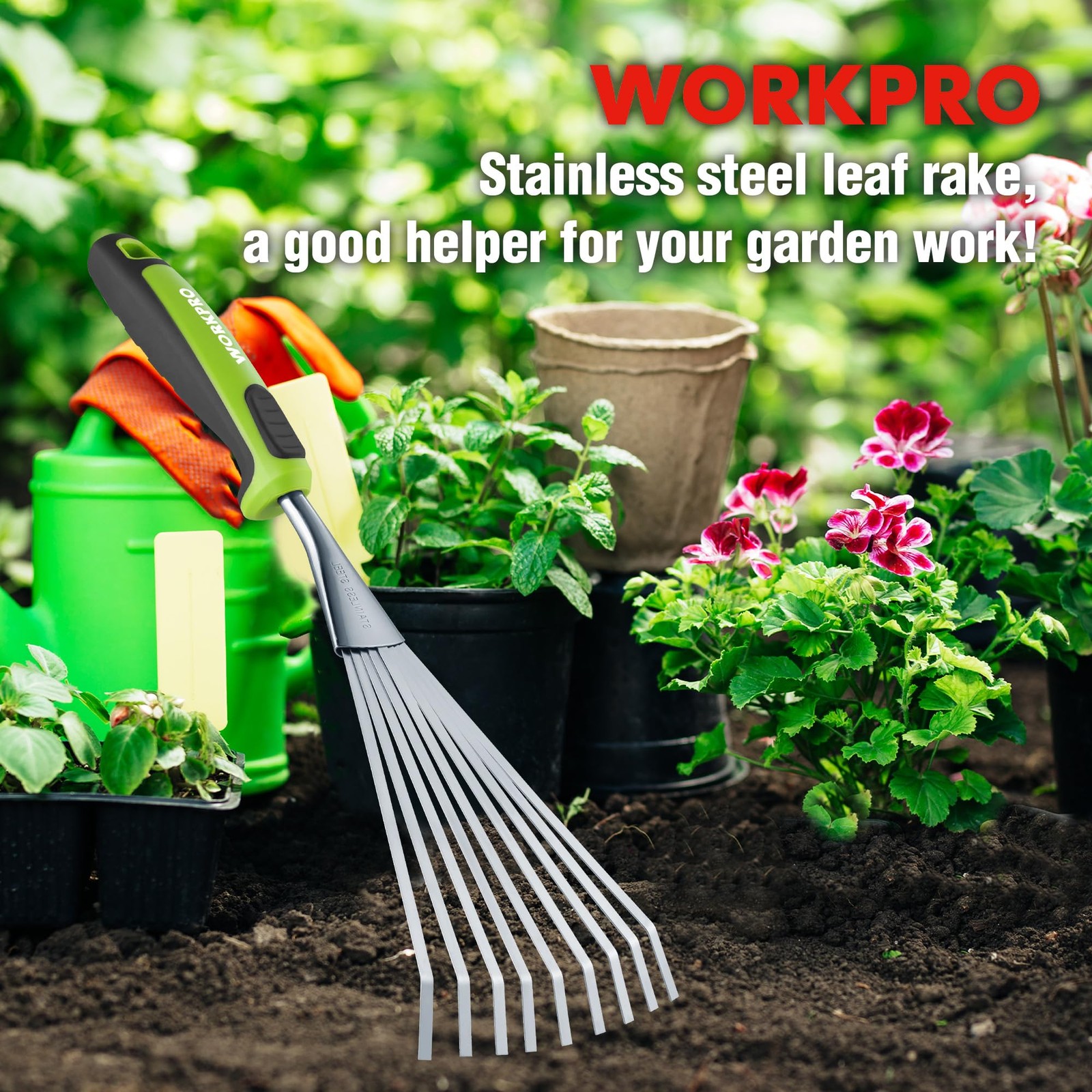 WORKPRO 16" Hand Rake, Garden Rake with Soft Handle Green/Black