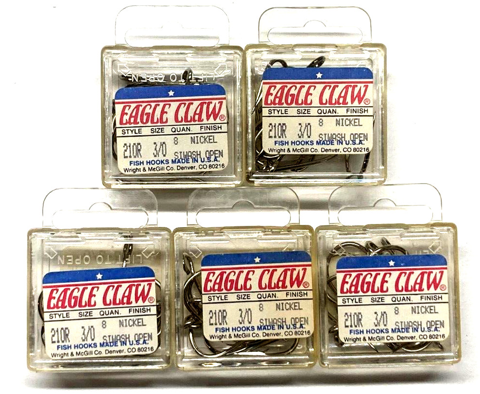 5 Packs Eagle Claw 210R-3/0 Open Eye Siwash Hooks Size 3/0 Nickel 8-Count Pack