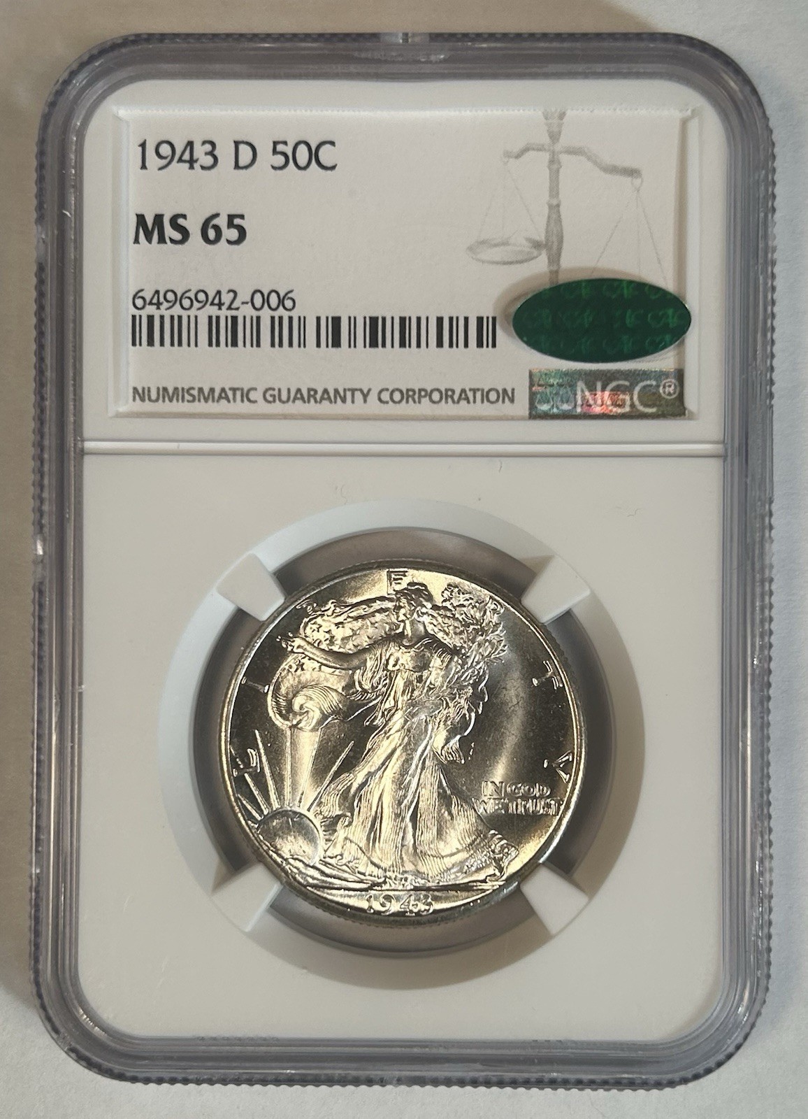 1943-D Walking Liberty Half Dollar NGC/CAC MS 65