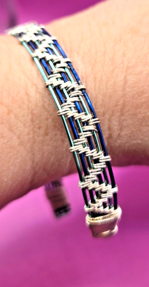 Unique Wire Wrapped Blue And Silver Handmade Adjustable Bracelet