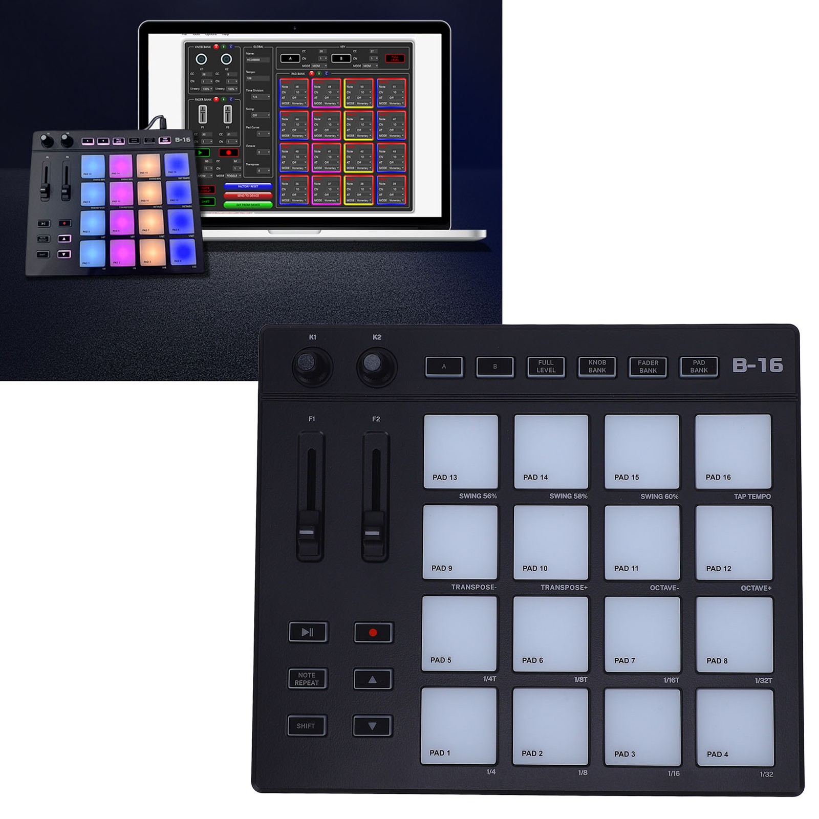 MIDI Controller With 16 Drum Pads 2 Assignable Fader Knobs RGB Portable MID XIPE