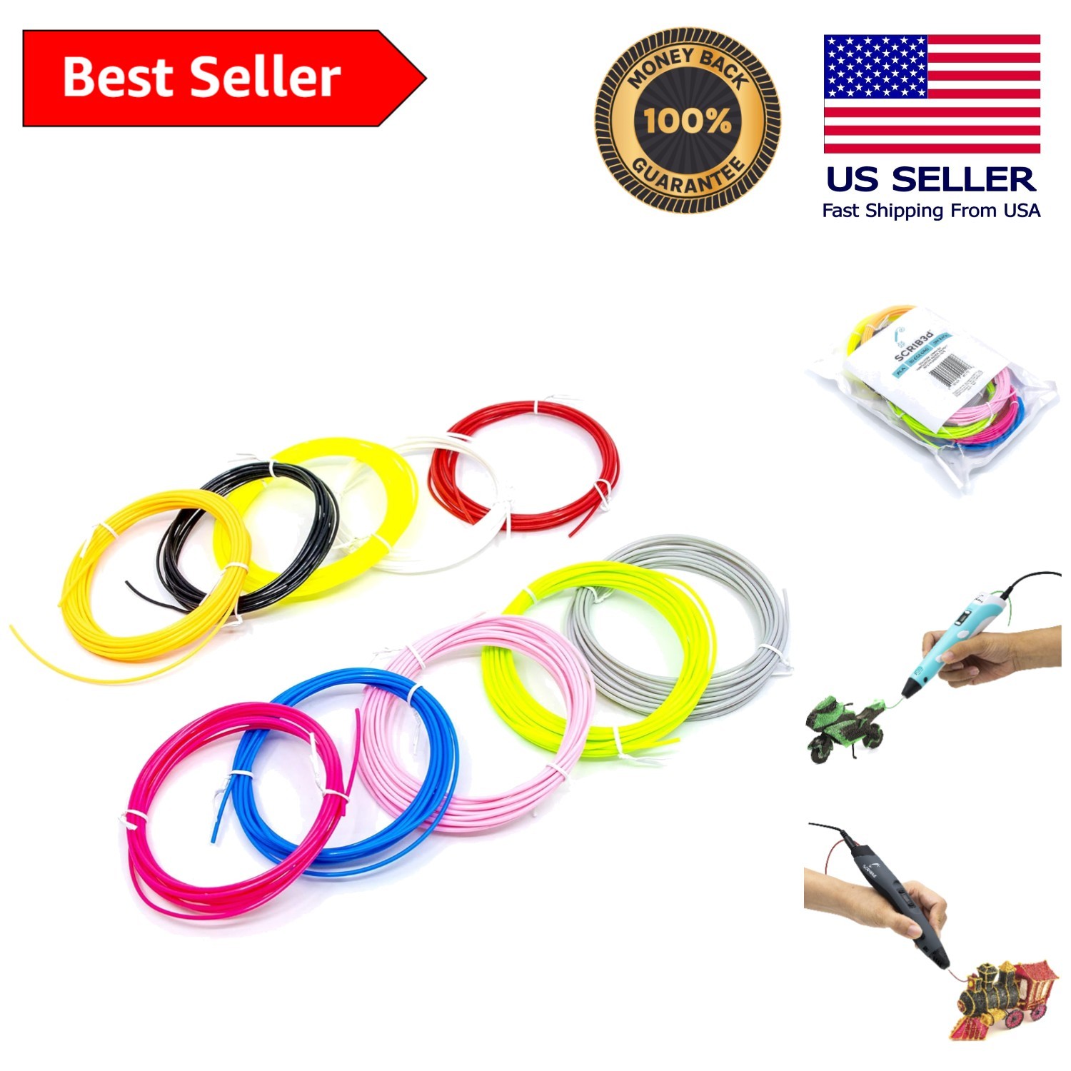Jam-Free 100 Ft 1.75mm PLA Filament, 10 Colors for 3D Printing Masterpieces