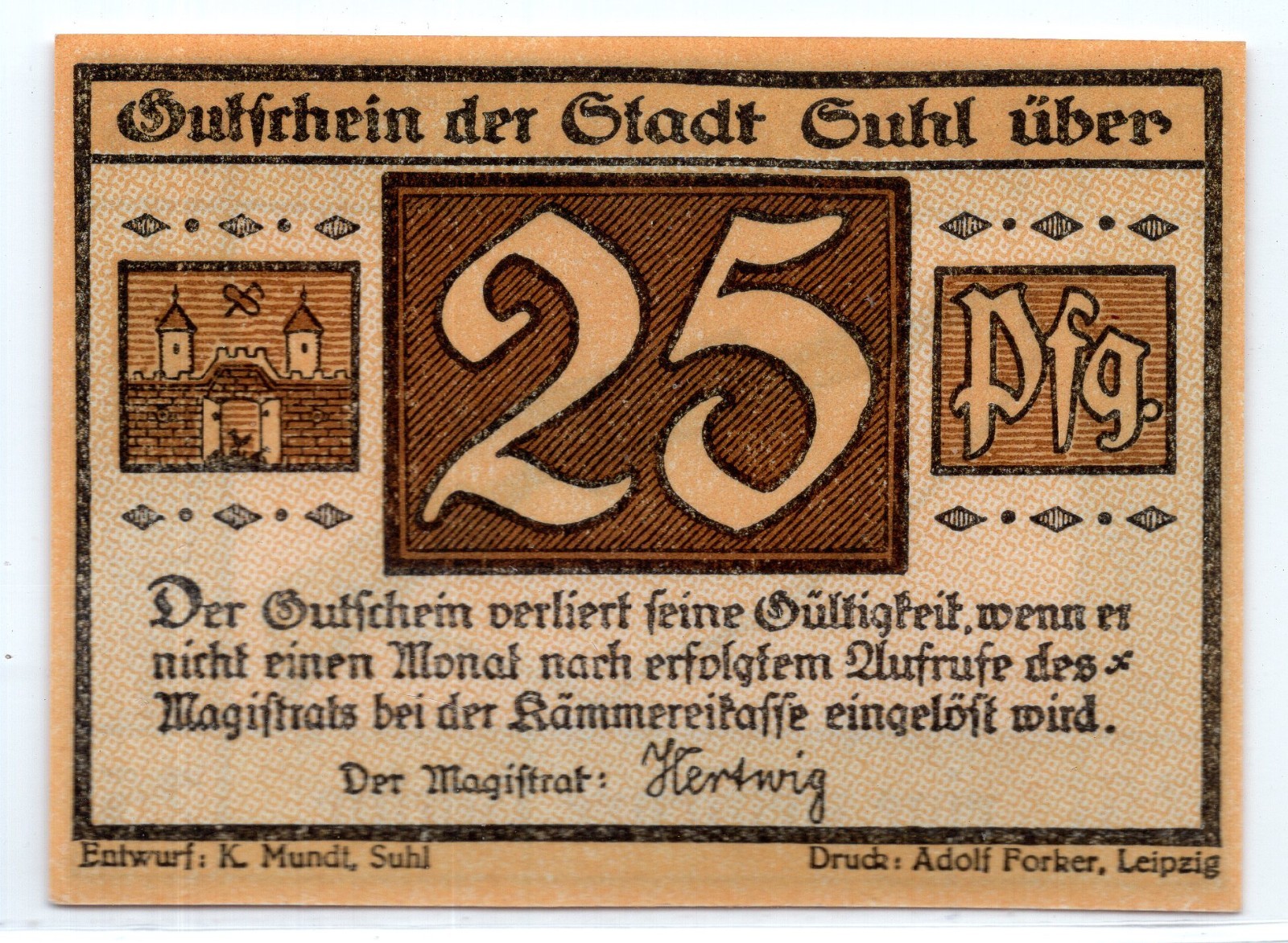 1921 Germany Suhl Notgeld 25 Pfennig Note (3655)