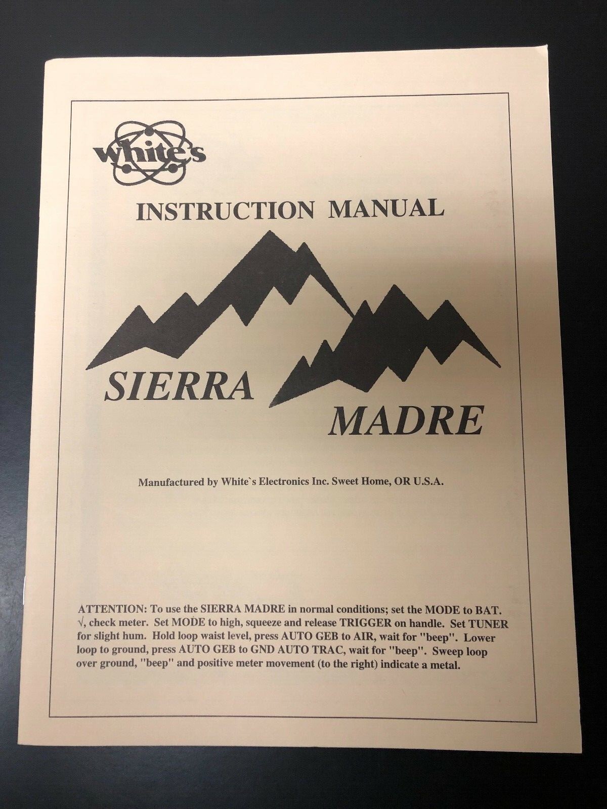 Operators Manual For Whites Sierra Madre Metal Detector