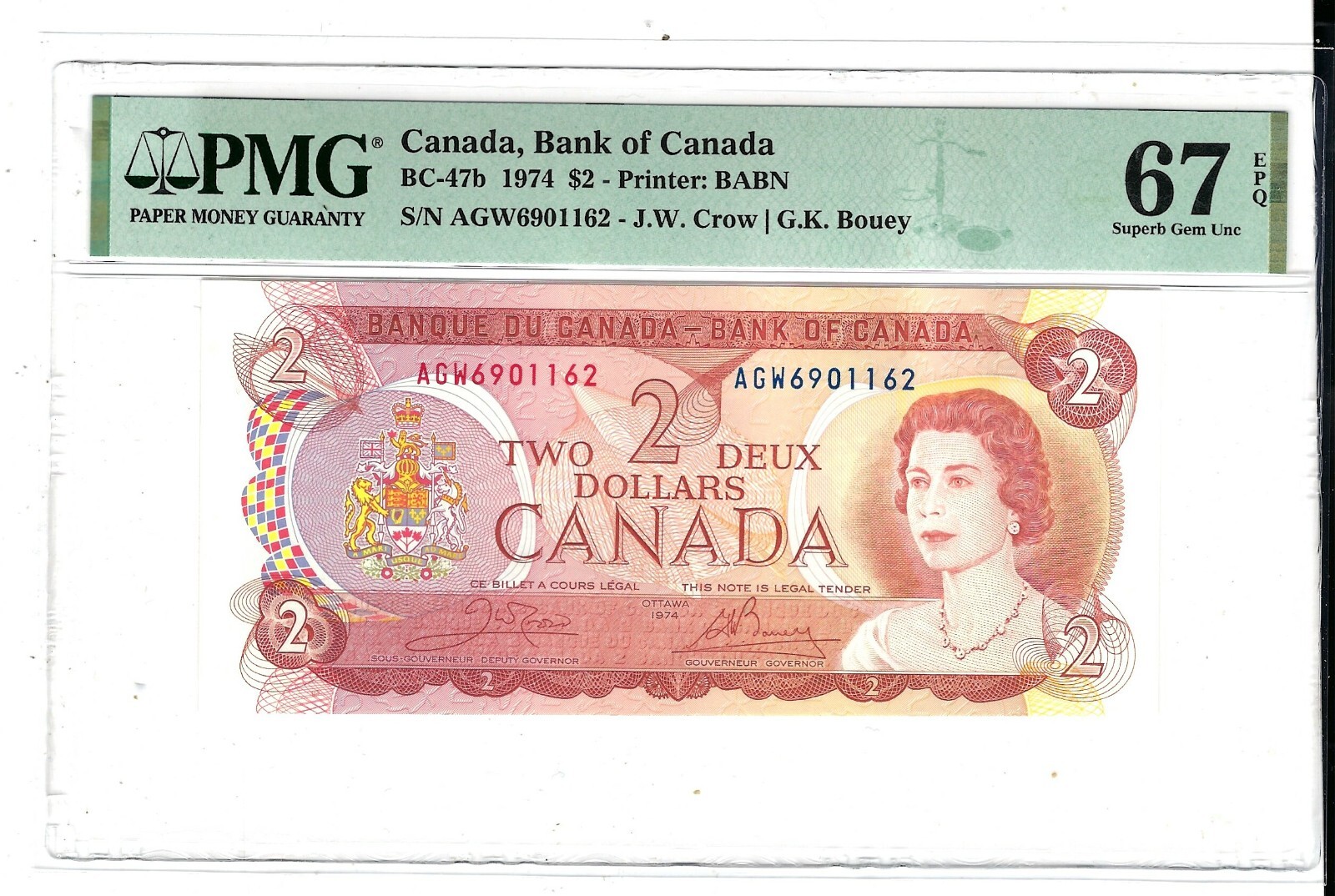 1974 Bank of Canada $2 BC-47b PMG Gem UNC 67 EPQ Crow/Bouey