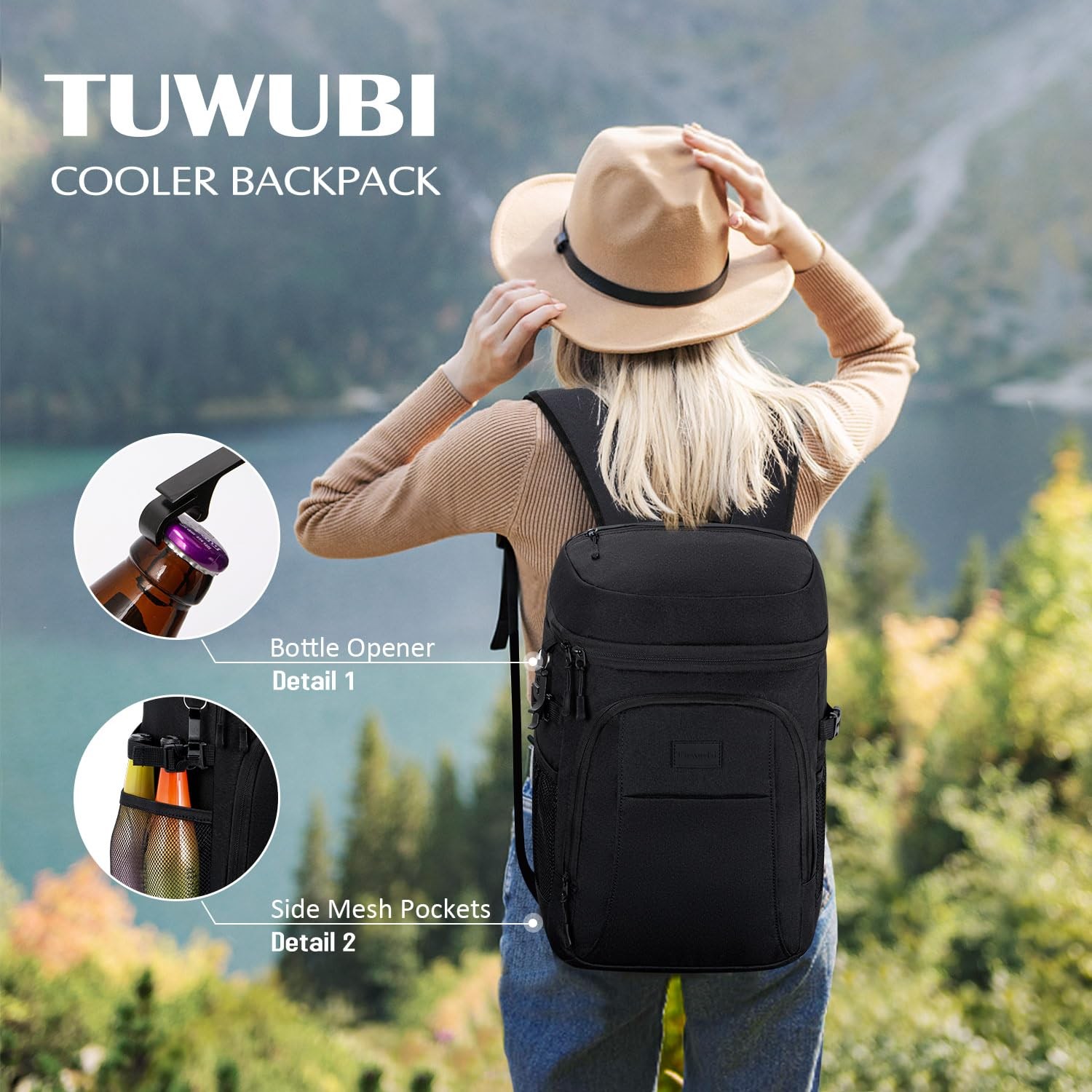 Tuwubi Cooler Backpack 35 Cans, Coolers Insulated Leak Medium, Black