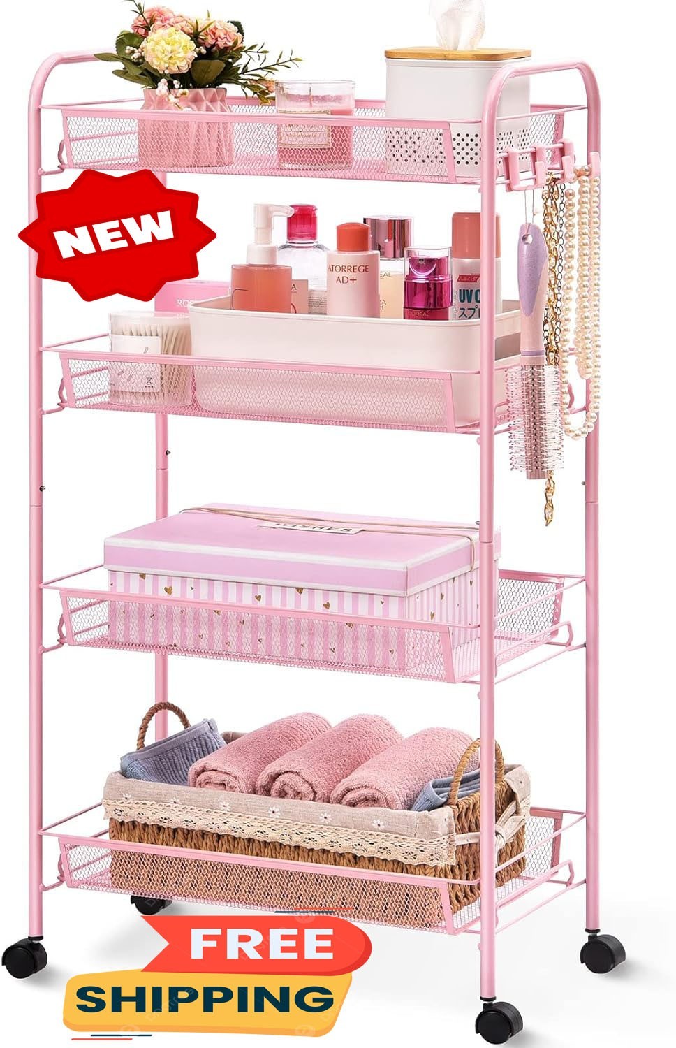 Carrito de 4 niveles con ruedas - Diseño metálico resistente, color rosa, con ru