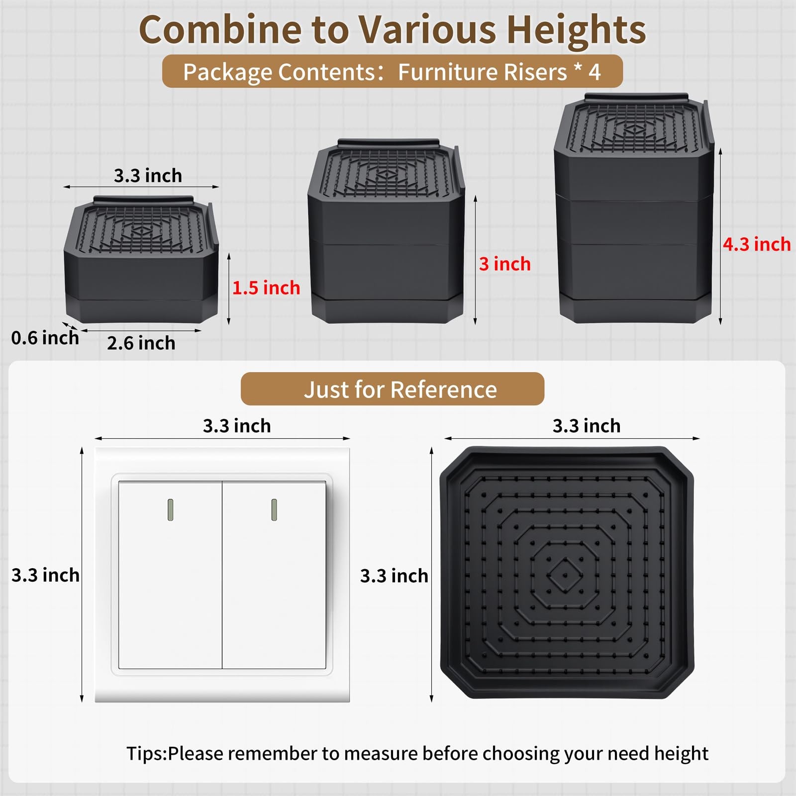 4 Pack Bed Risers Heavy Duty, Adjustable Furniture Risers for Bed Couch Sofa ...