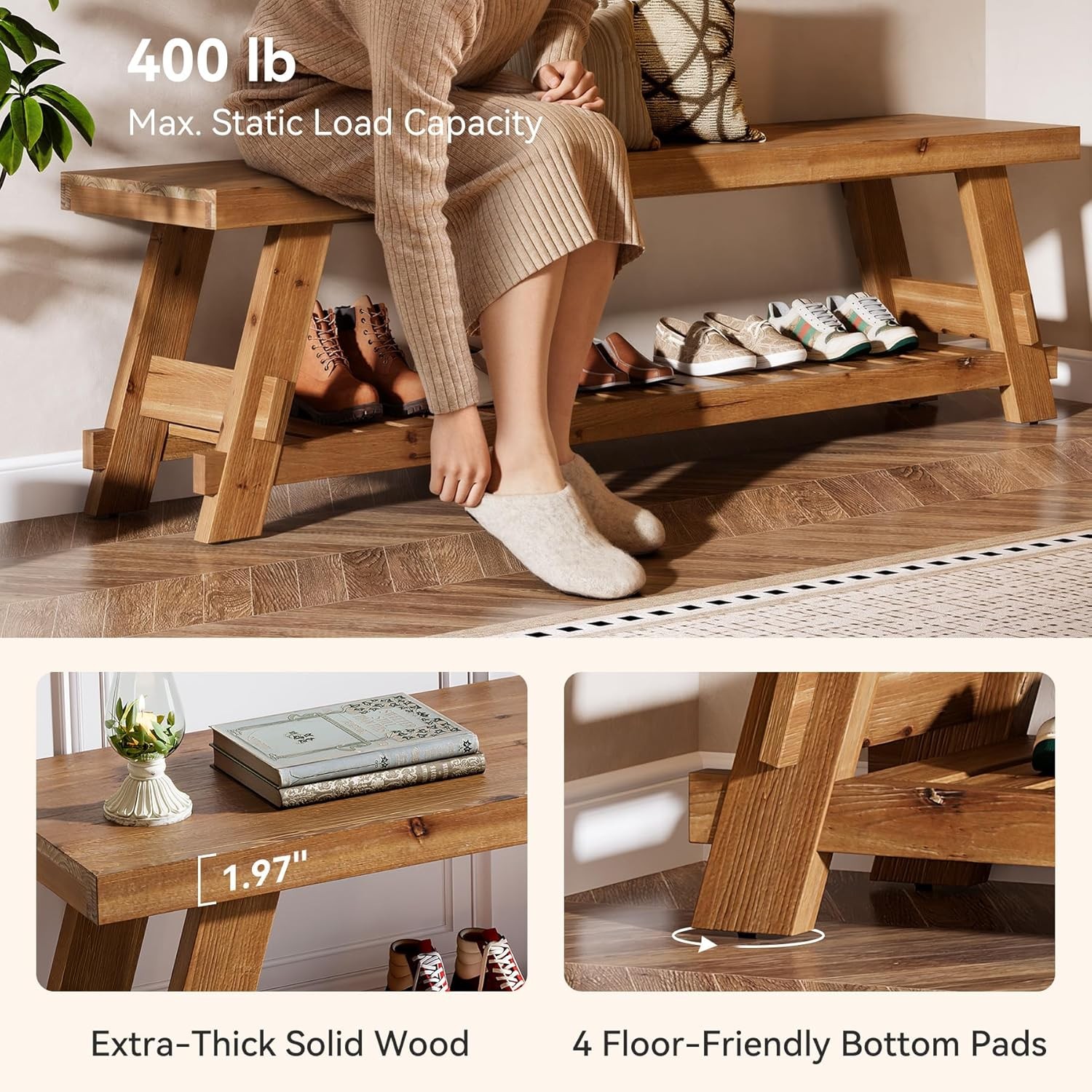 63-Inch Solid Wood Entryway Bench 2-Tier Farmhouse Narrow Shoe Storage Bench