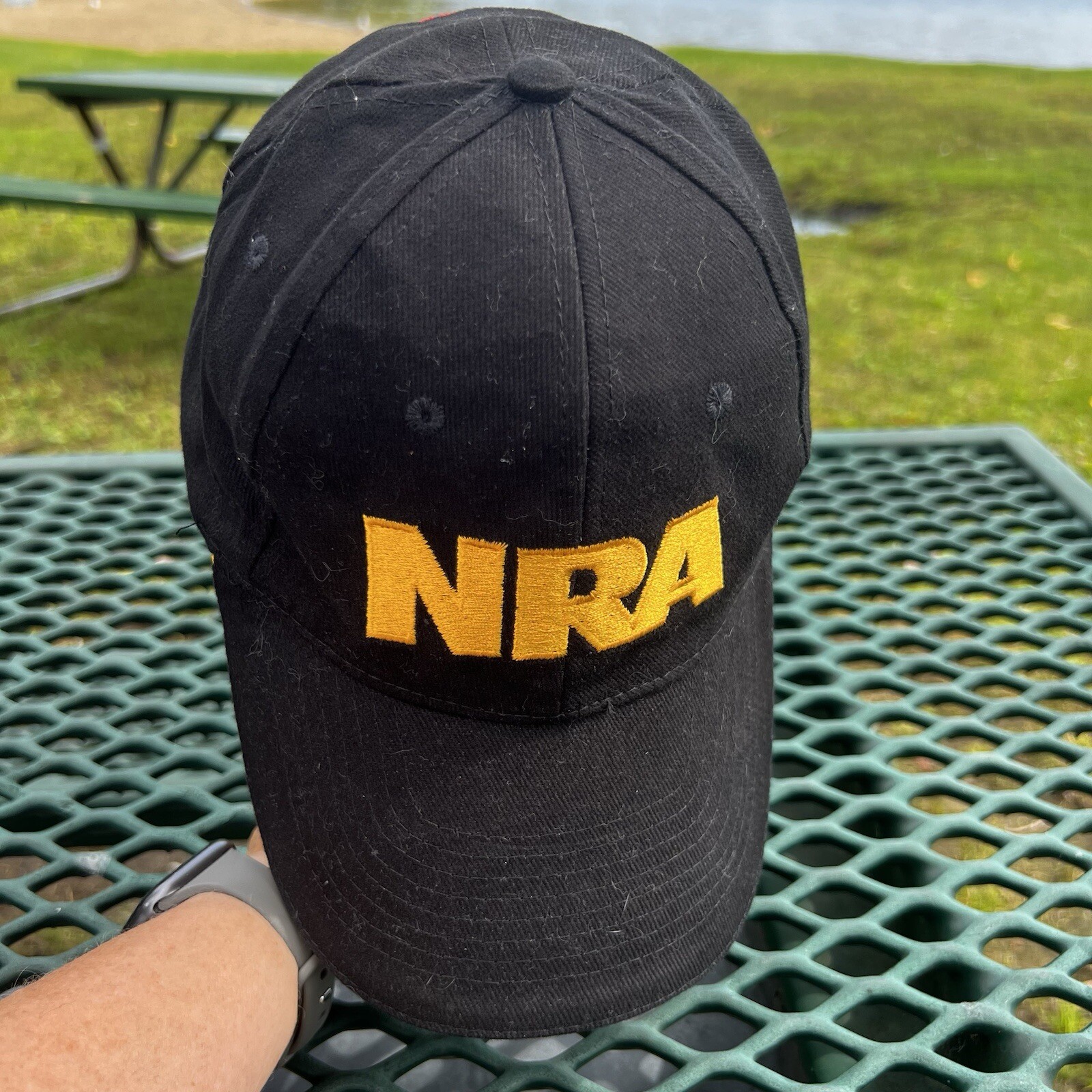 NRA Gold Letters on Black Hat Cap w Gold Bill Edge Hook Loop American Flag EUC