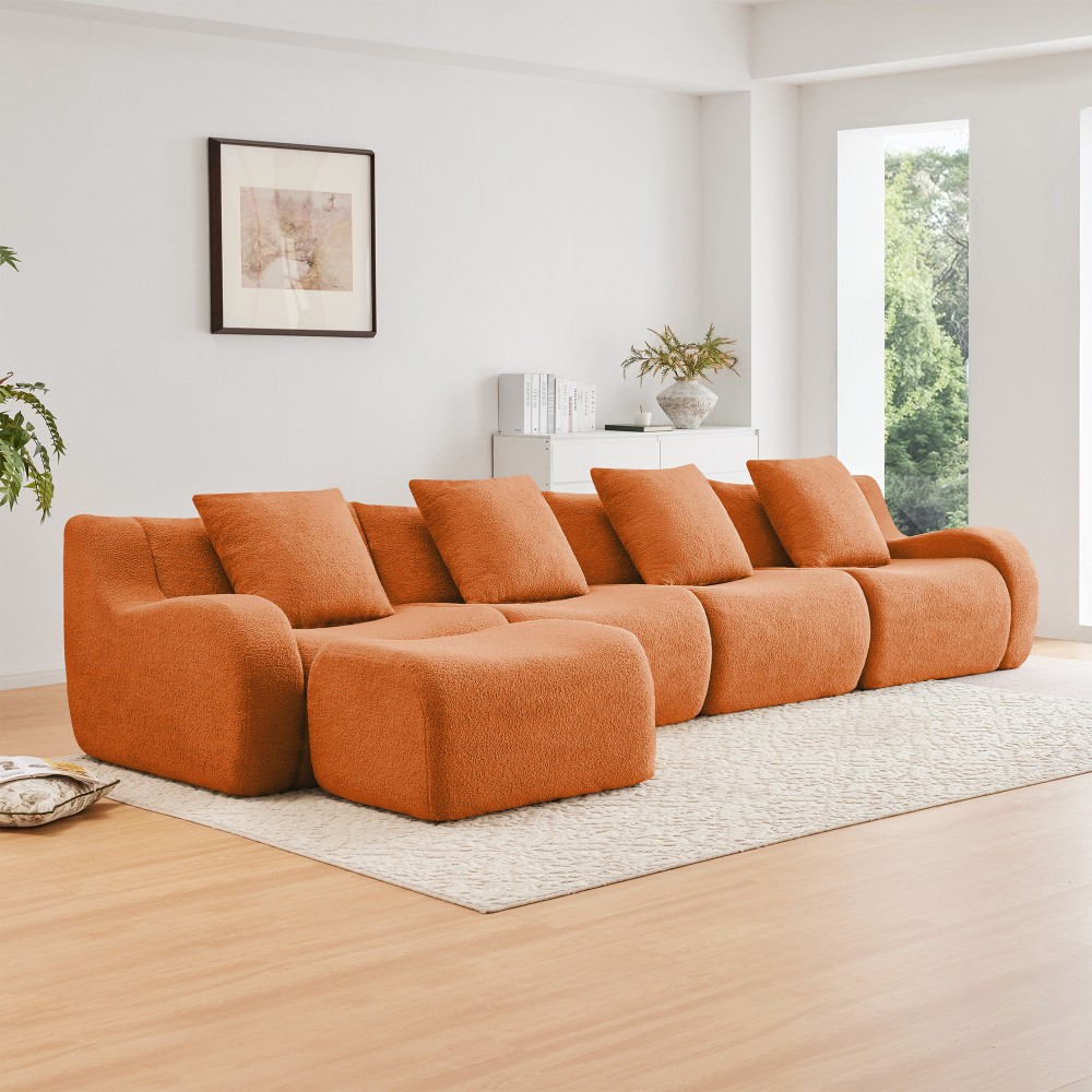 L-Shaped Teddy Fabric 4-Seat Sofa w/ Curved Armrest & Anti-Slip Design, Orange