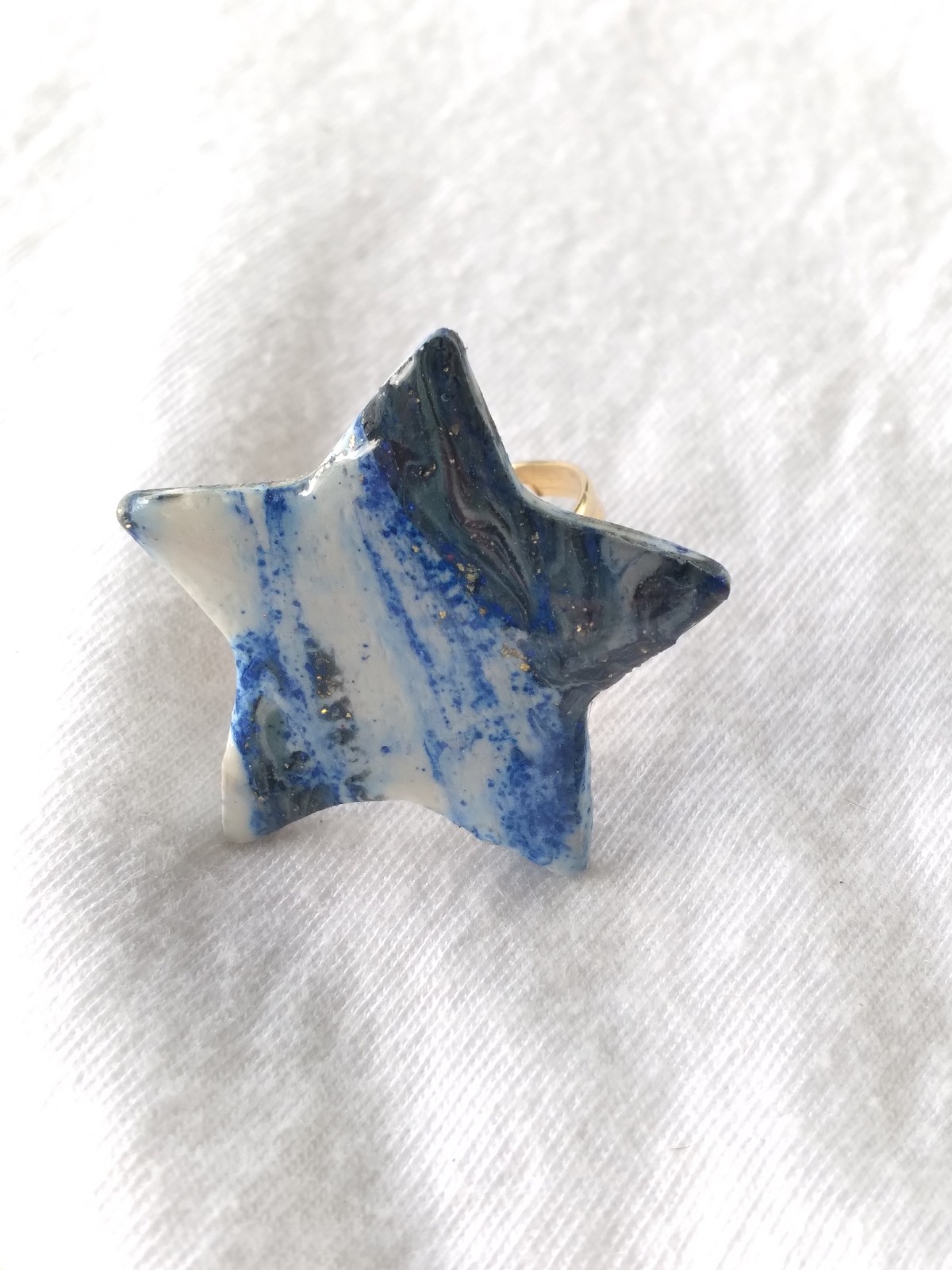 Handcrafted Gold Adjustable Polymer Clay Ring Blue White Marbled Star