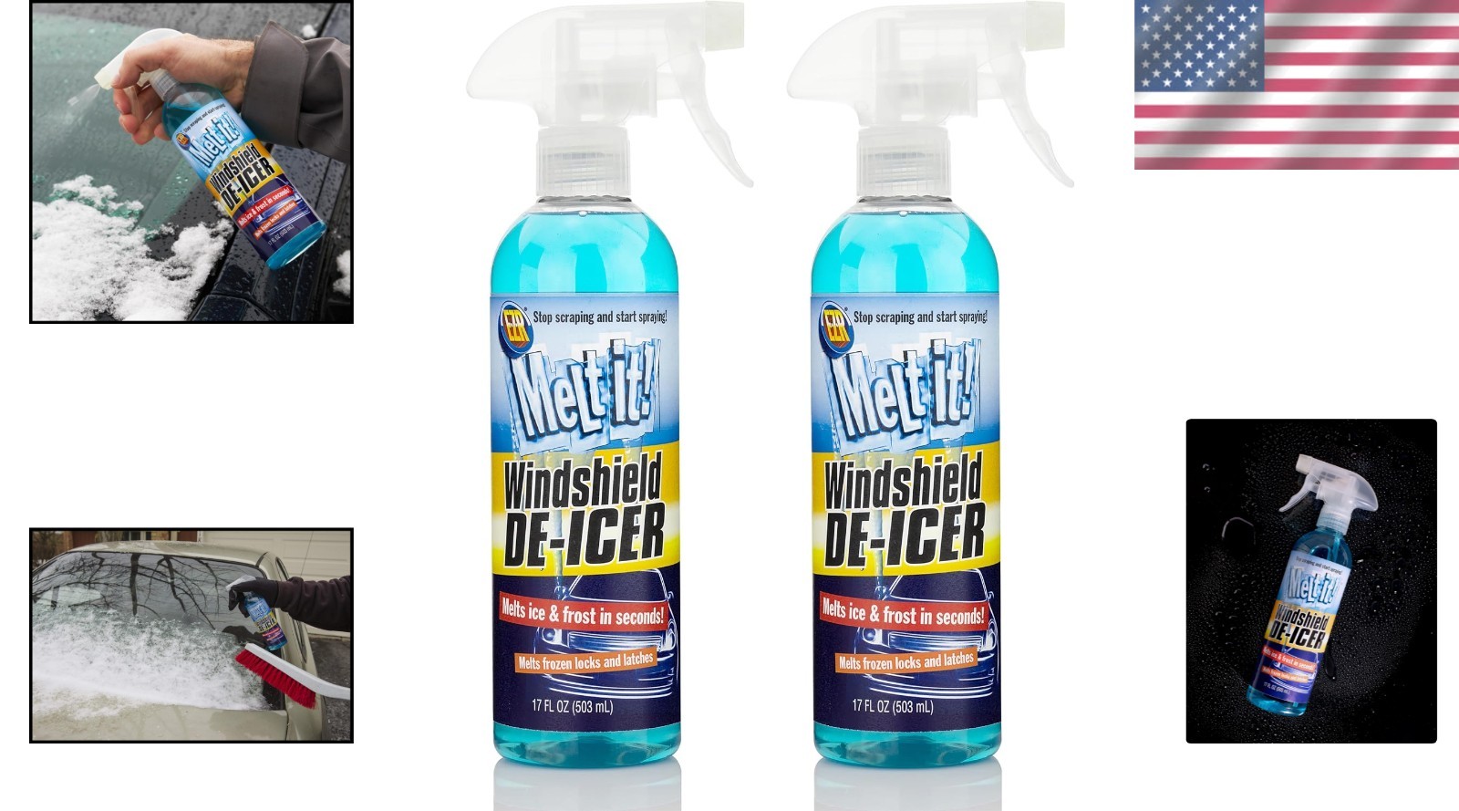 Easy Use Ice Melter for Windshields & Mirrors, 17 Fl Oz, 2-Pack - Made in USA