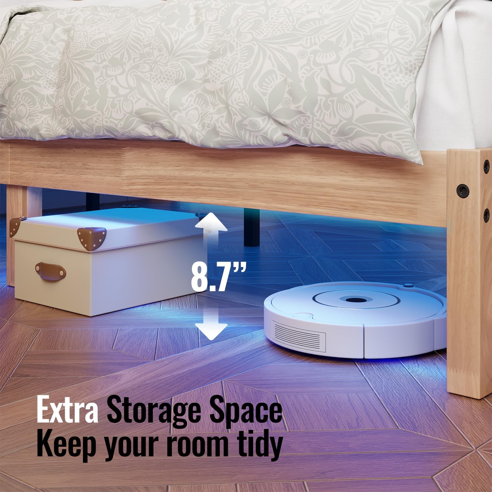 Full Size Solid Wood Platform Bed with Led Light - Noise-Free Design with Met...