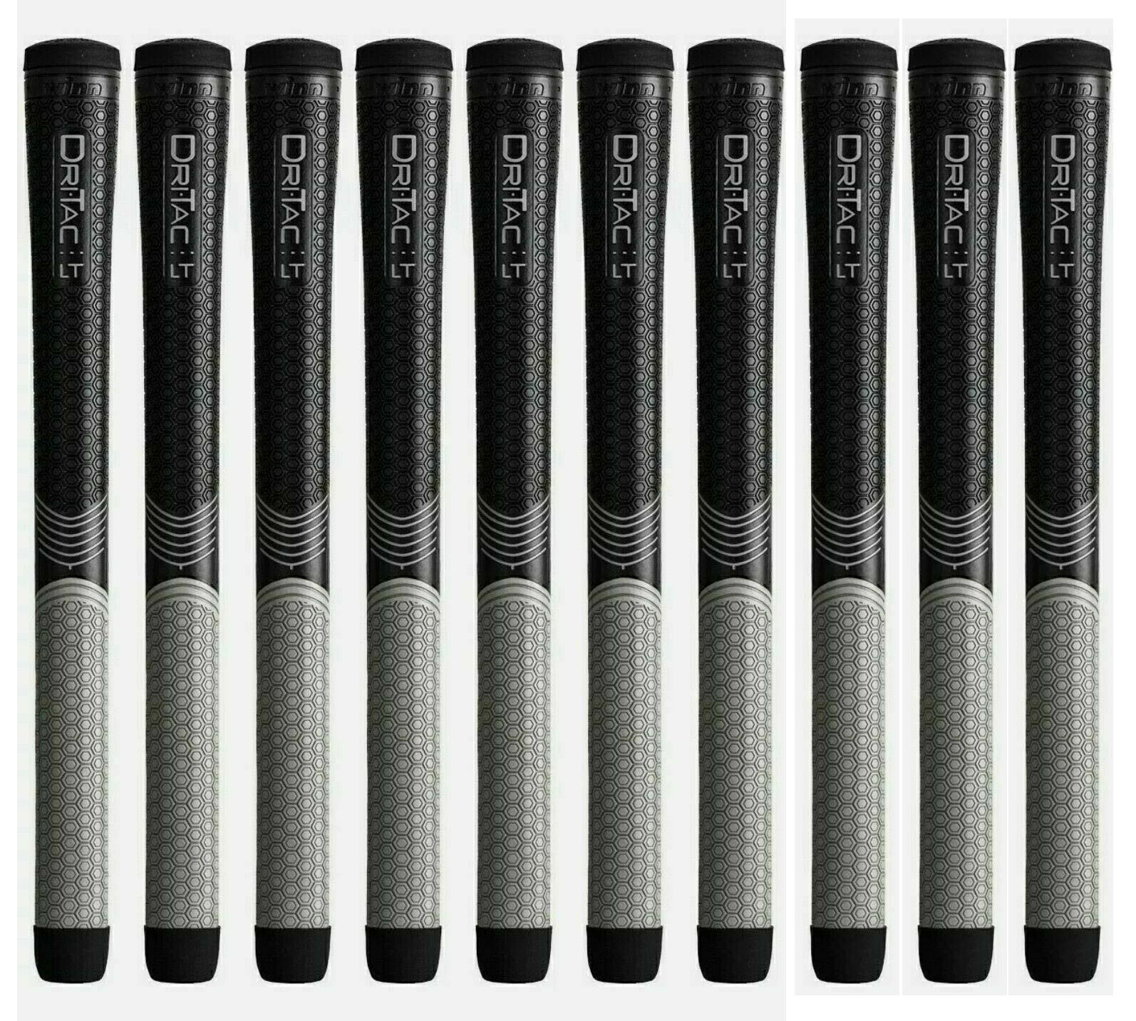 SET OF 10  - Winn Dri-Tac LT (Less Taper) Black Gray Oversize Golf Grip 7LTDT-BK