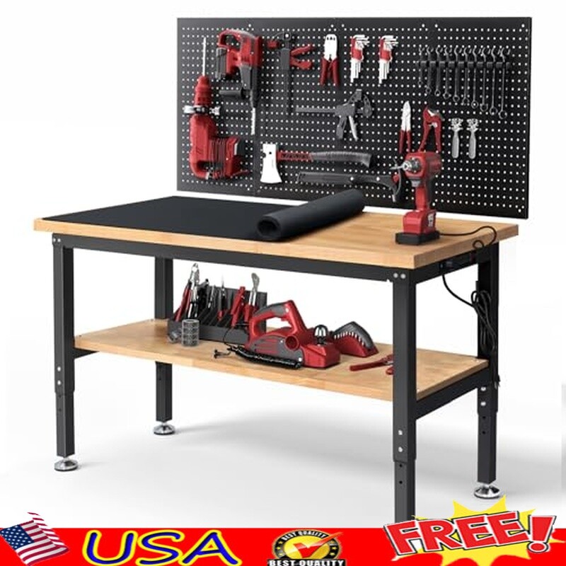 Adjustable Height Work Table 60 In Garage Workbench W/ Storage Power Outlets New