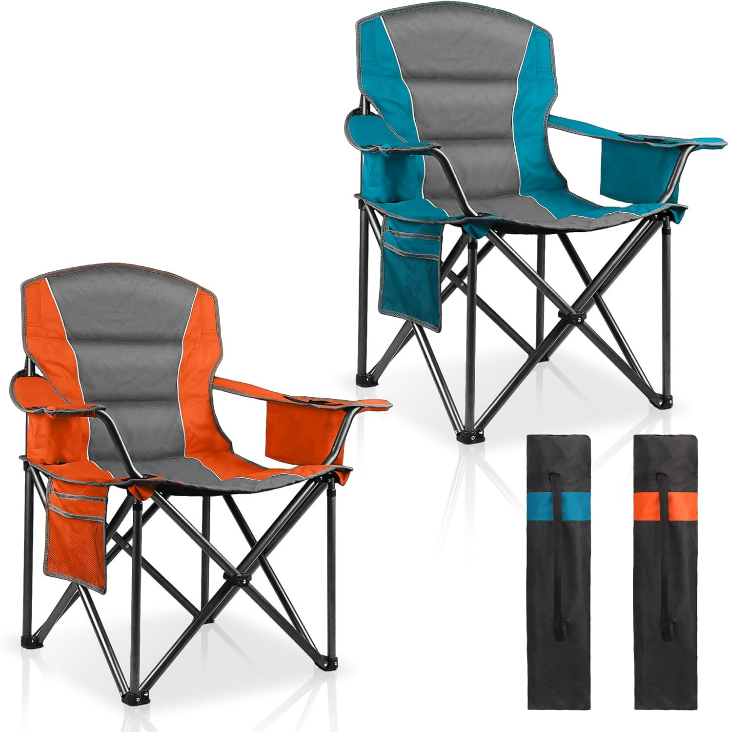 2 Pack Oversized Camping Chairs 400lbs Heavy Duty w/ Cooler Cup Holder Orange Bl