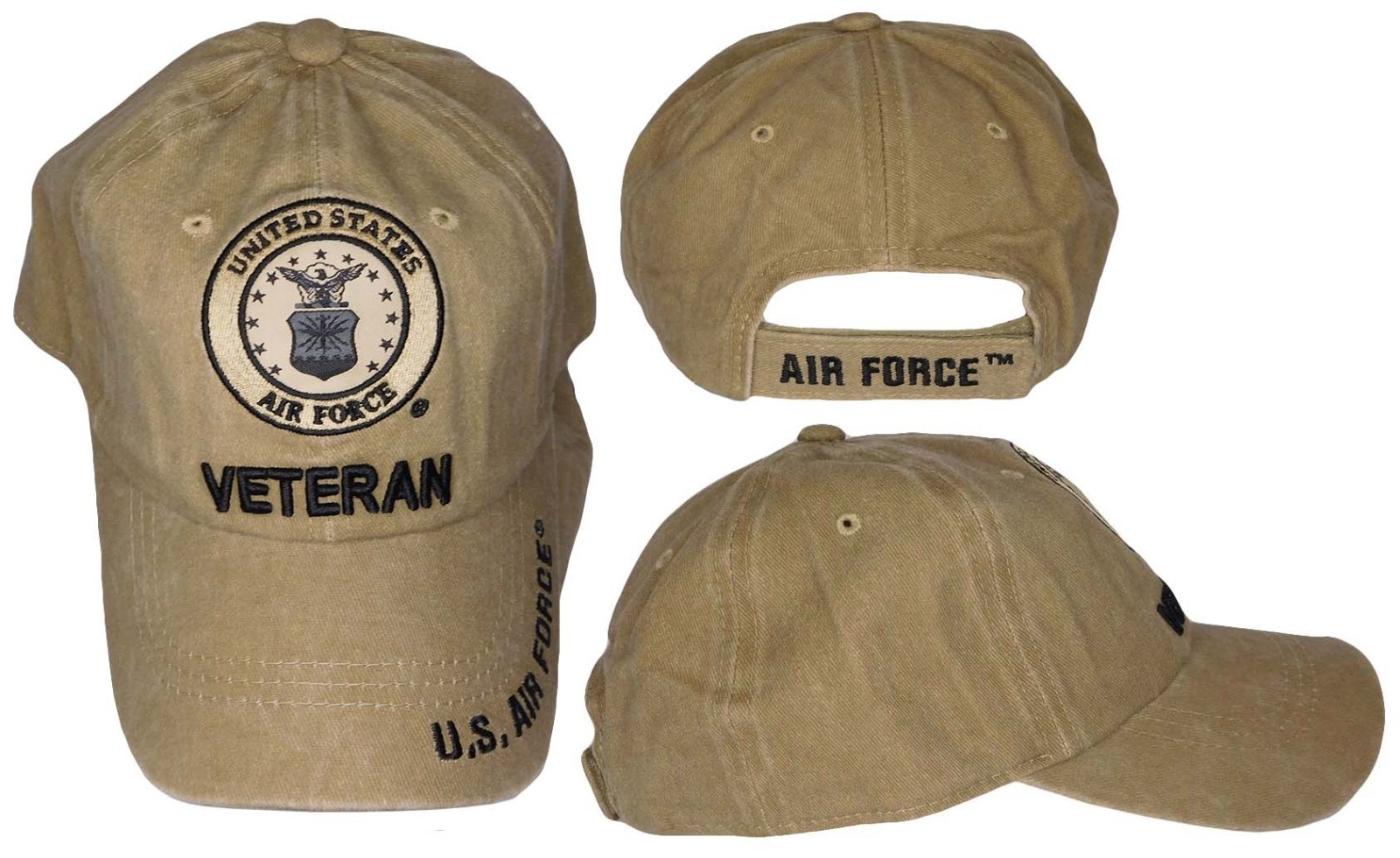 U.S. Air Force Emblem Veteran Khaki Adjustable Embroidered Cap Hat - Licensed