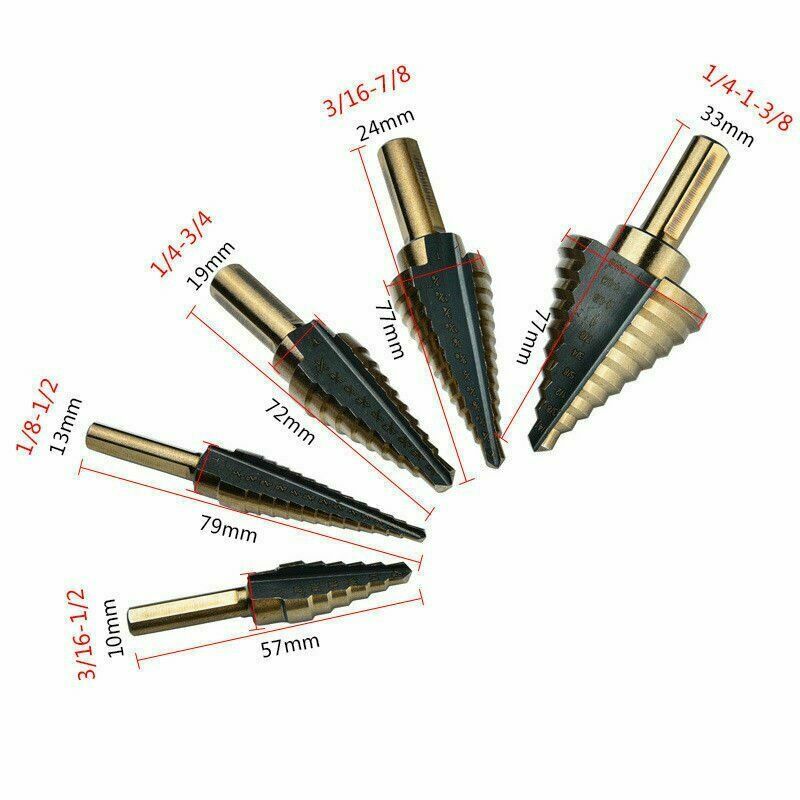 5pcs SAE Step Drill Bit Set HSS Cobalt Multiple Hole 50 Size TRI-FLAT Shank
