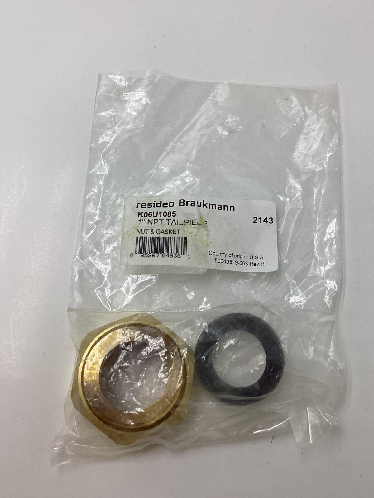 RESIDEO BRAUKMANN K06U1085 1" Union Threaded Tail Piece Nut Gasket for D05