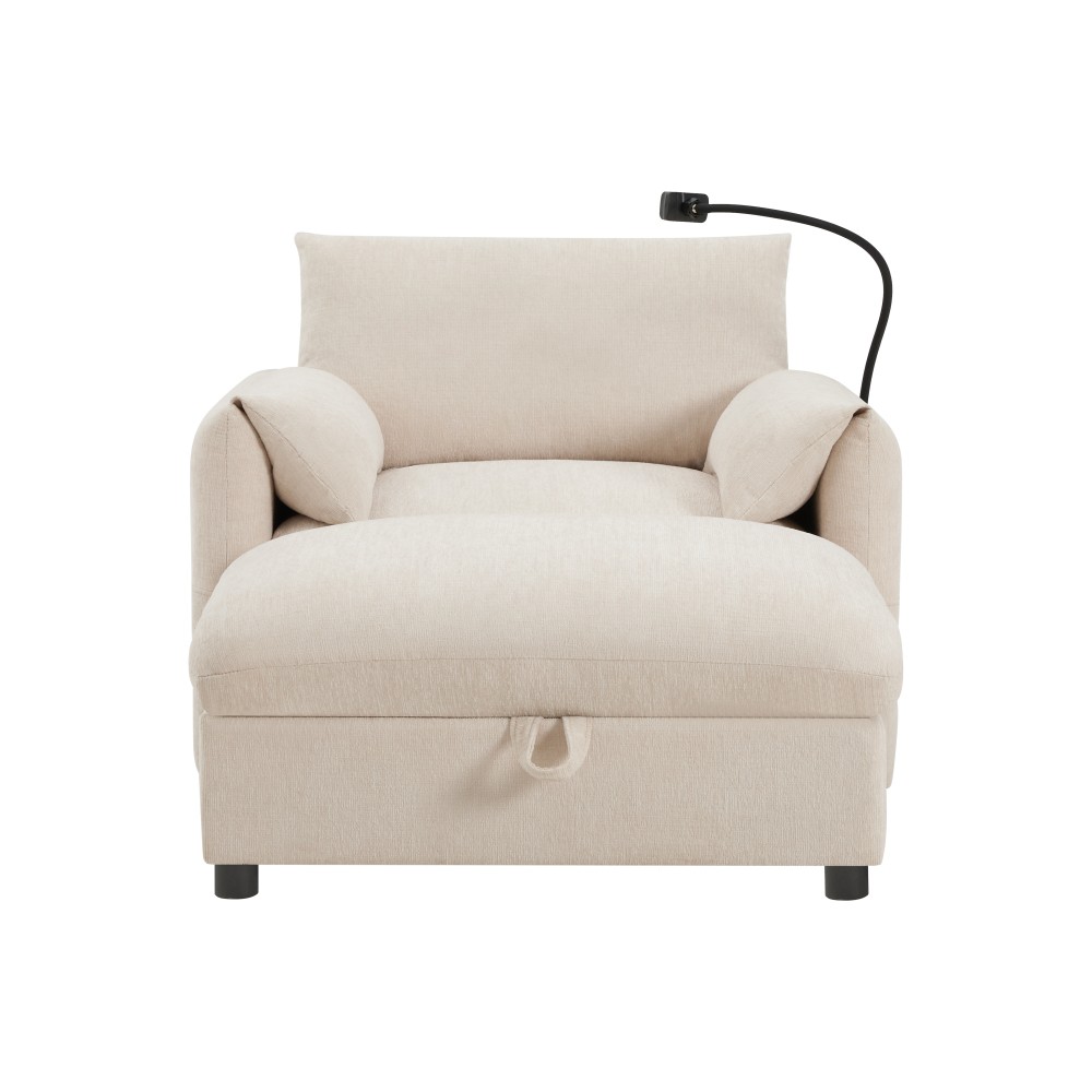 37" Chenille Cloud Chaise Lounge w/ Storage Ottoman & USB Charger
