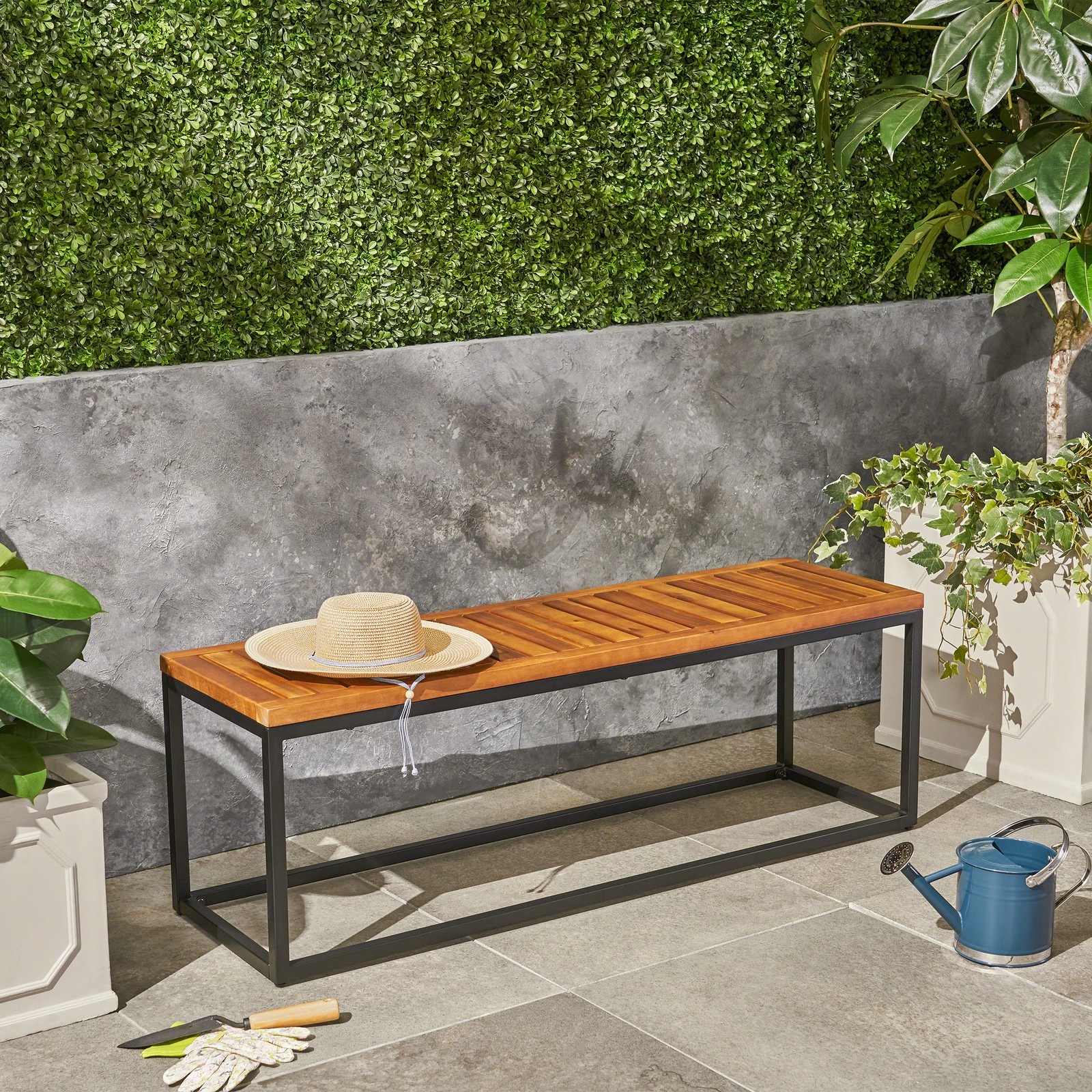 Outdoor Garden Bench in Acacia Wood & Iron Frame, Teak Finish
