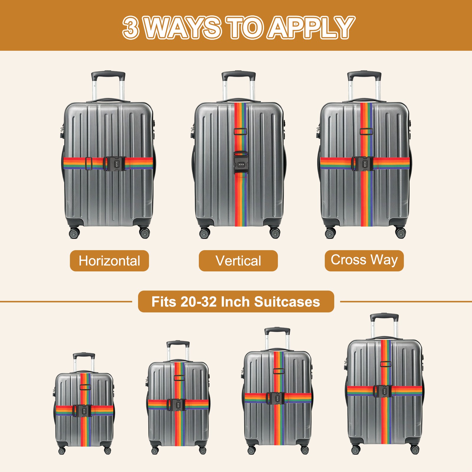 4pcs Luggage Straps with Combination Lock Adjustable Suitcase Belt, Rainbow
