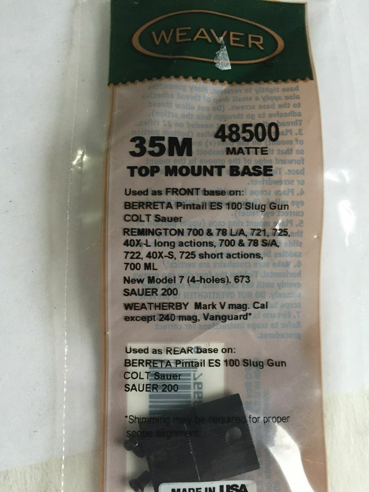 Weaver Top Mount Base for Browning Colt Savage Remington 48500 thru 48510 choose