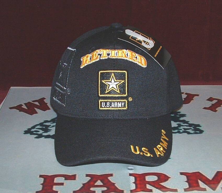 New Star Emblem US Army Retired Military Licensed Embroidered Black Ball Cap.