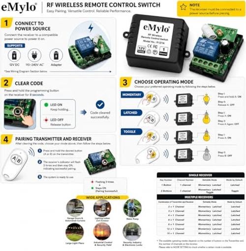 Smart RF Relay Switch eMylo Wireless Remote Control Switch DC 12V 12V 1-Channel
