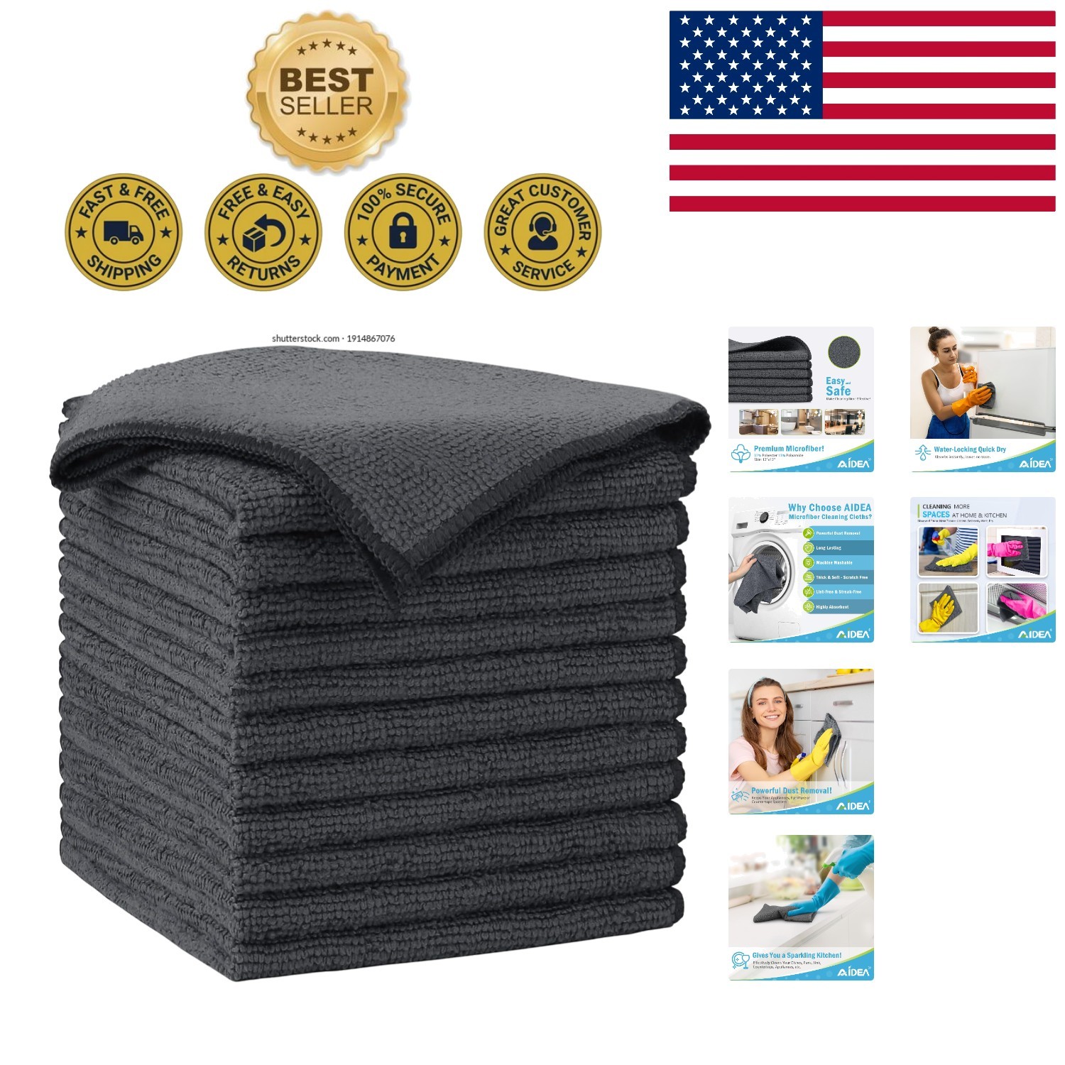 Versatile Microfiber Towels - 12-Pack, 12in.x12in., Streak-Free for Home & Auto