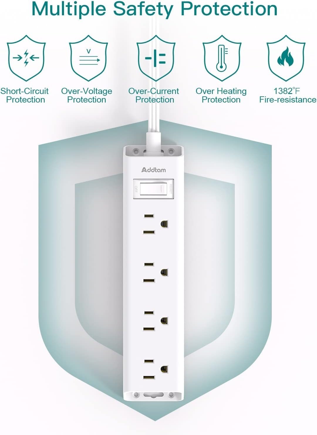 Compact 12-Outlet Flat Plug Power Strip, Wall Mountable with 3 USB Ports