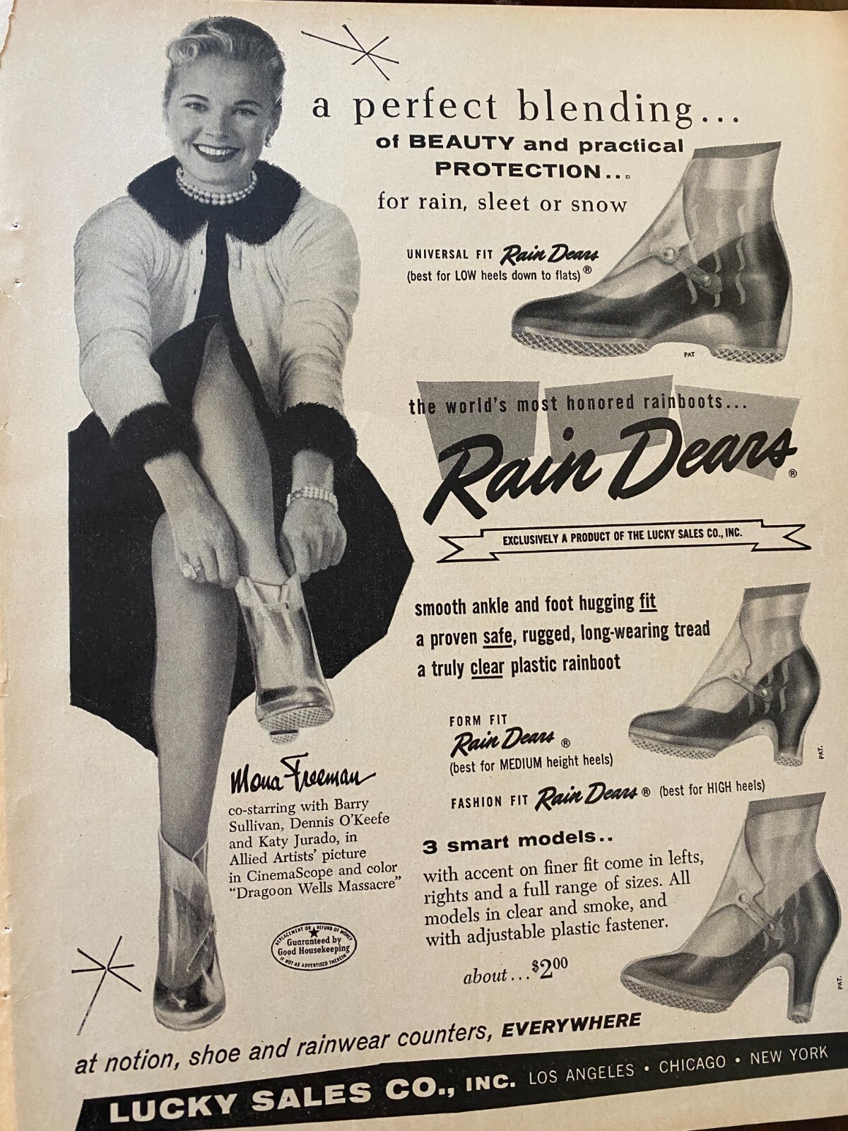 Mona Freeman, Rain Dears Pull Over Boots, Full Page Vintage Print Ad