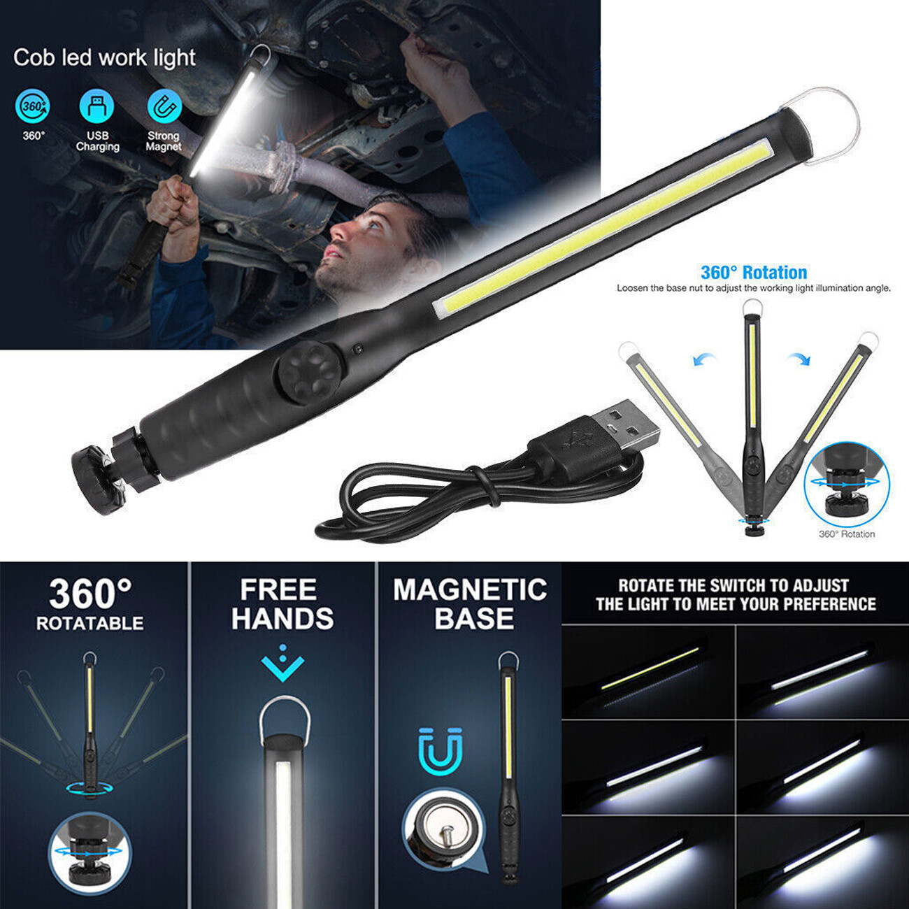 Rechargeable LED COB Work Light Mechanic Flashlight Lamp Magnetic Base Bright