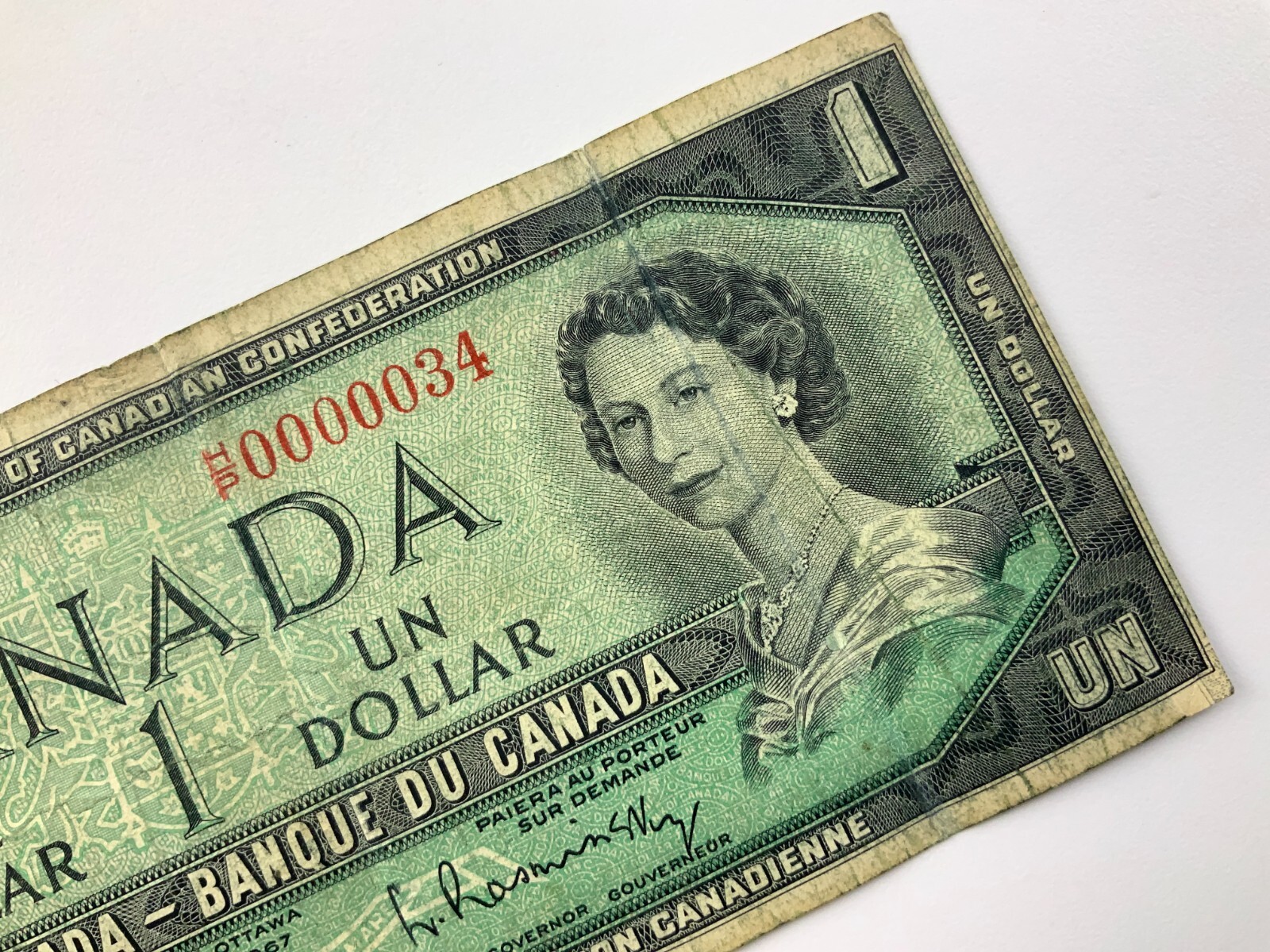 1967 Canada One 1 Dollar Low Serial Number Note #34 Beattie Rasminsky BB939