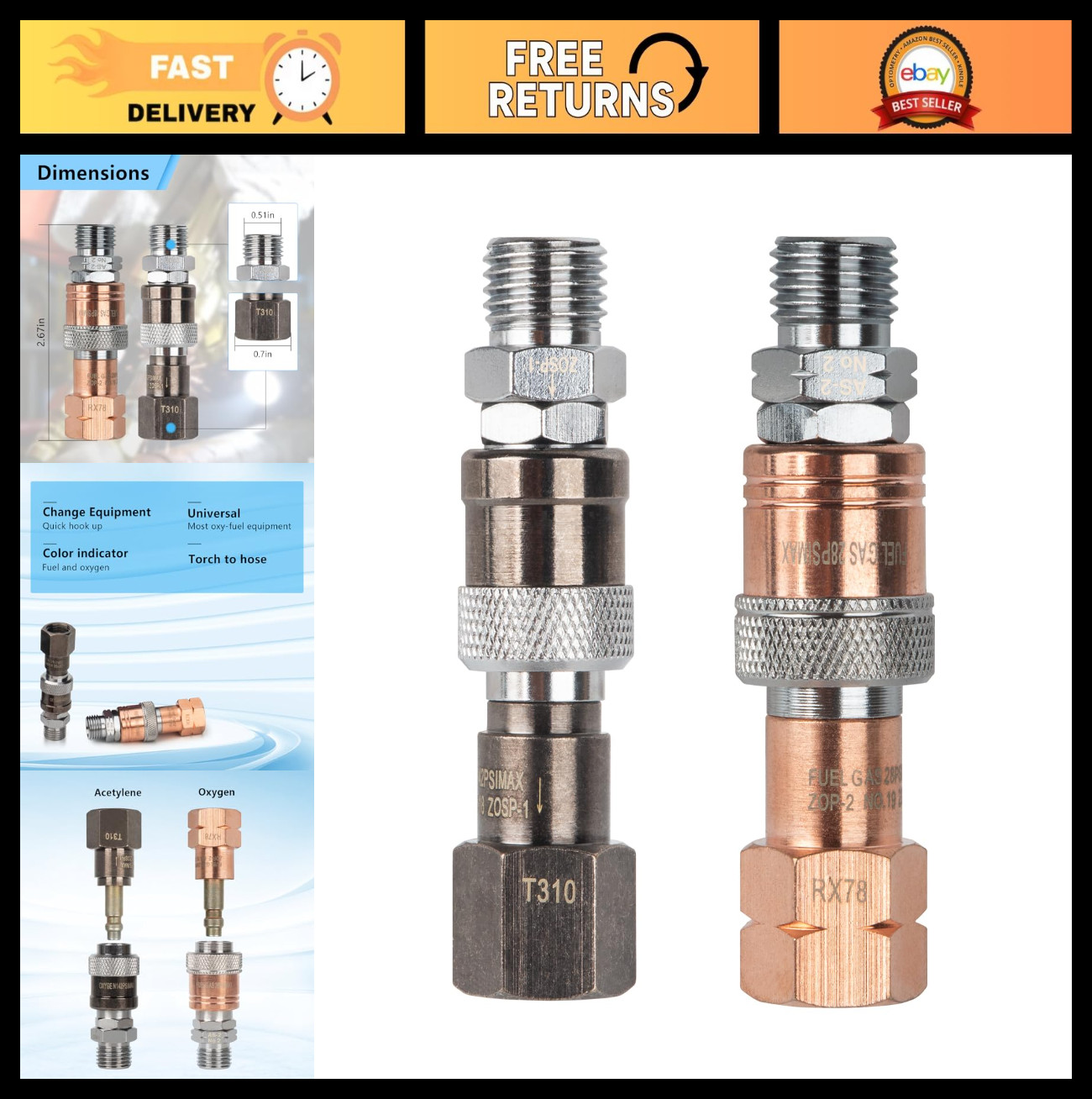 Quick Connect Fittings for Oxy Acetylene Torch | 9/16" Type B Couplers | Safety