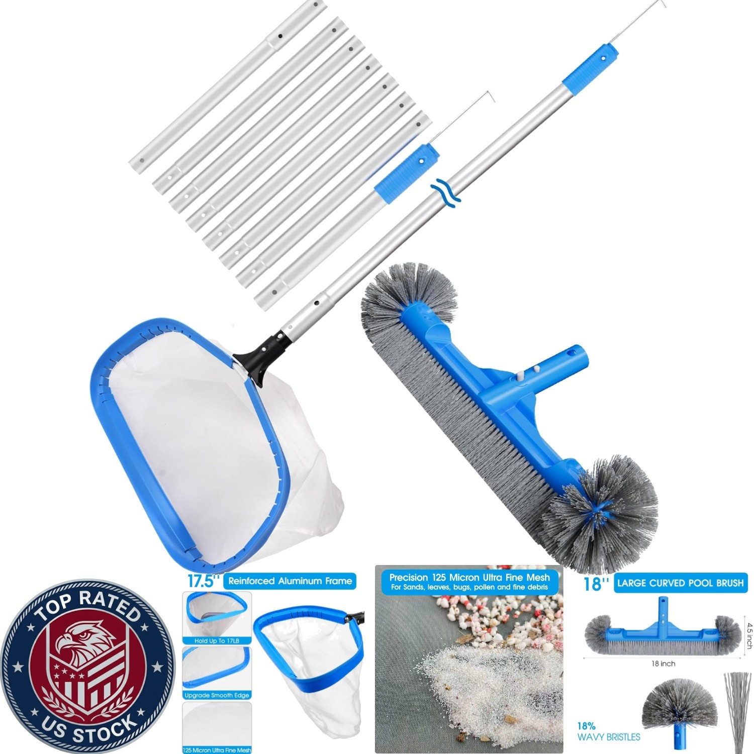 3-Piece Pool Cleaning Kit with 10 ft Pole & Ultra Fine Skimmer Net for Spas