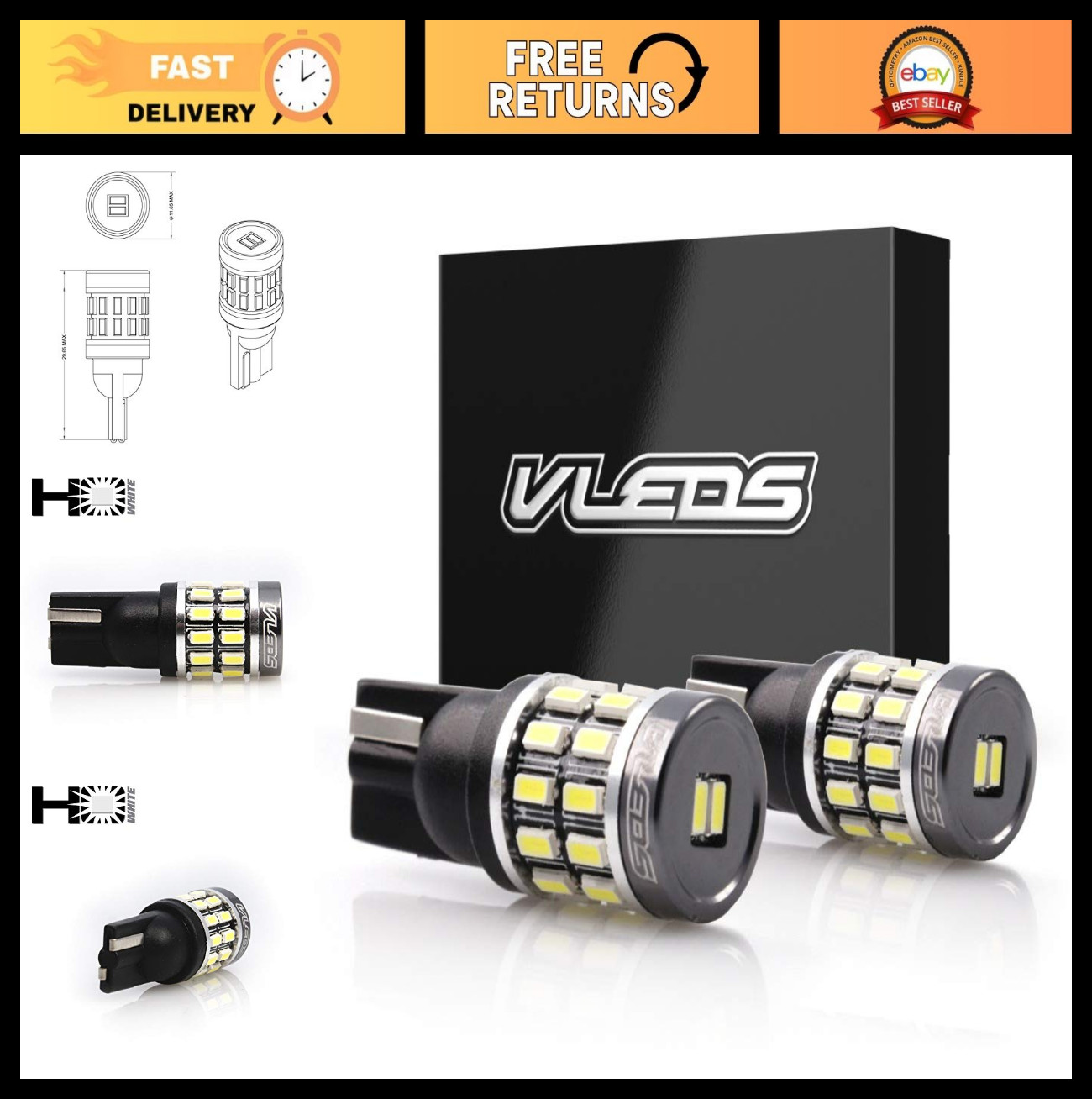 2pcs 180lm 5500K White T10 194 2825 LED Bulbs - 360° High Output Lighting