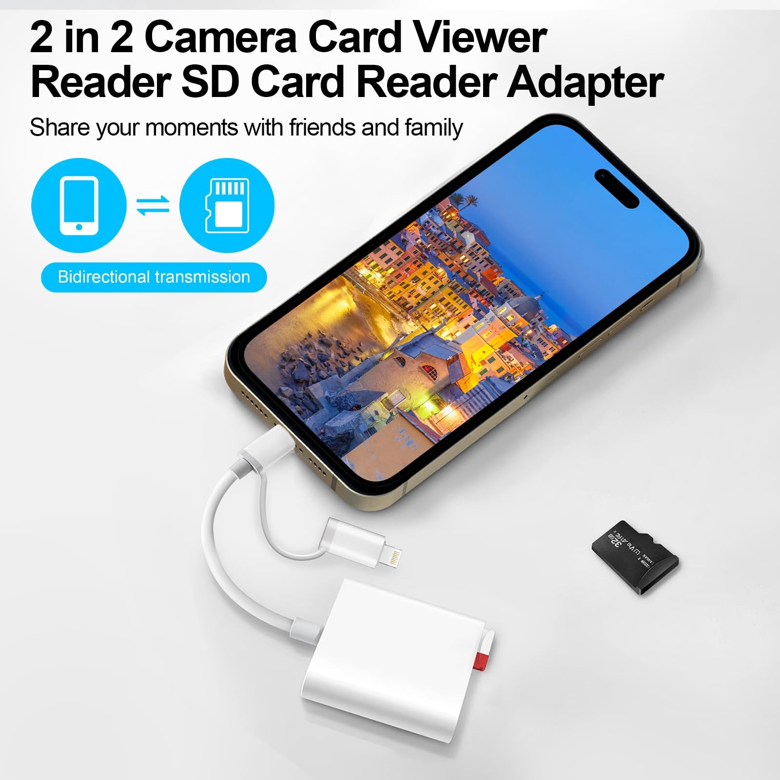 Denlane SD Card Reader for iPhone iPad Mac, USB C & Lightning 2 Slot, White