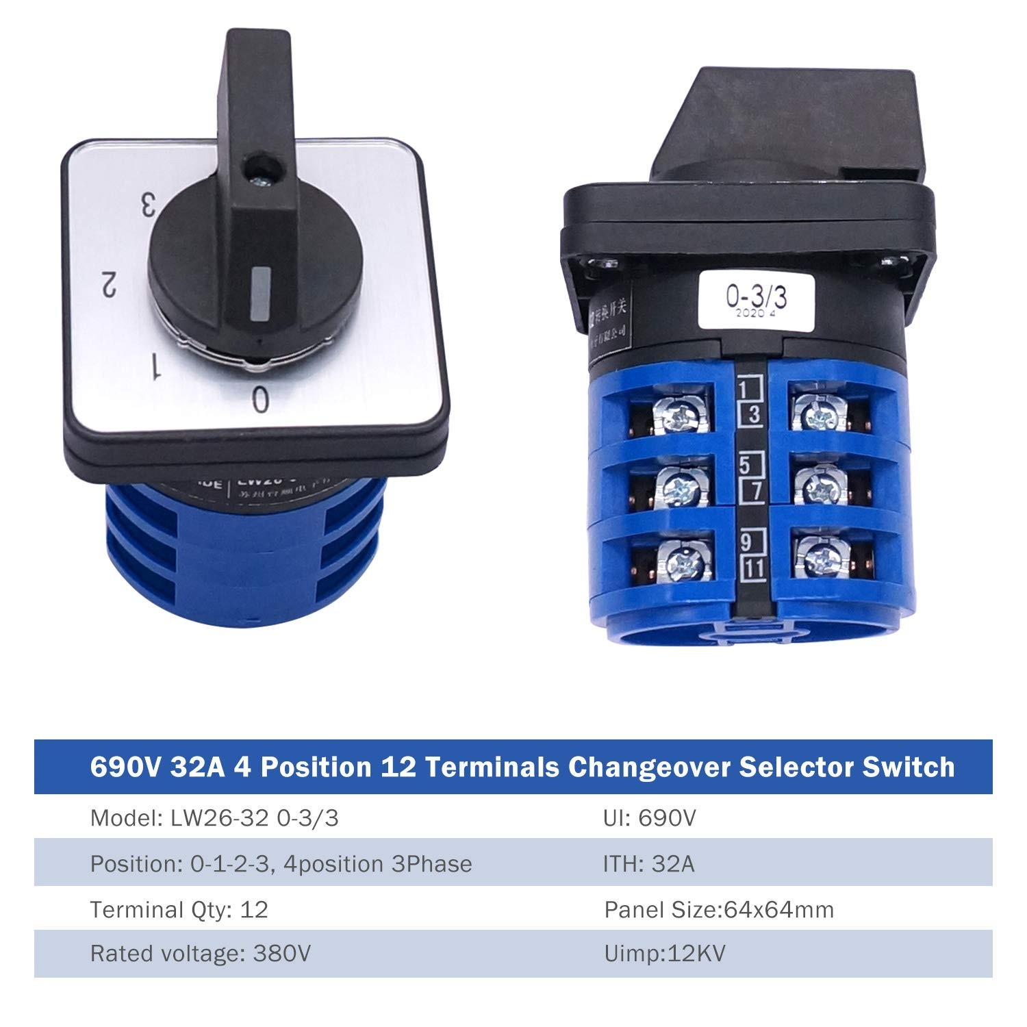 Universal 32A 690V Changeover Switch - 4 Position Latching Rotary Cam Selector +