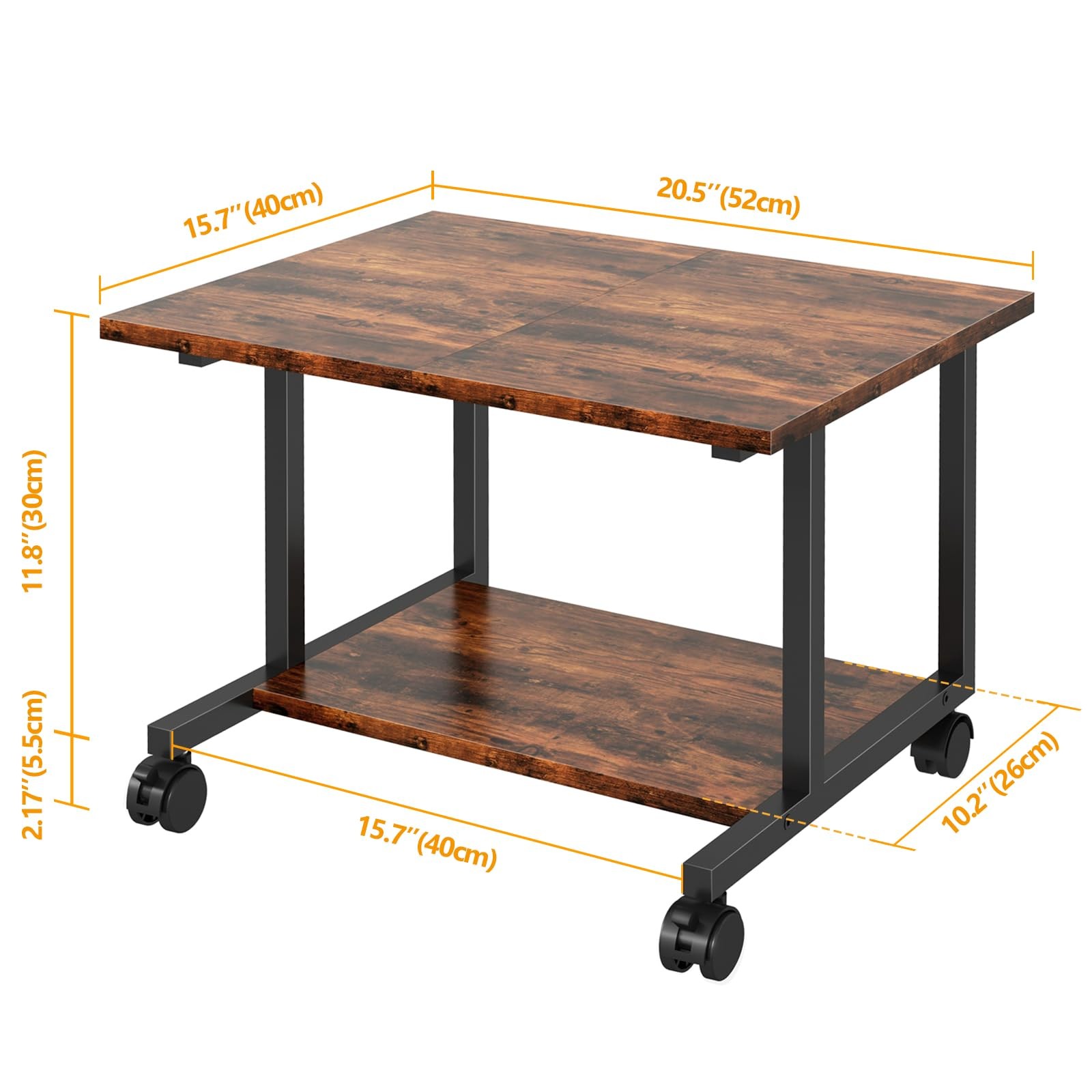 Rustic Brown 2Tier Industrial Mobile Rolling Under Desk Printer Stand Table