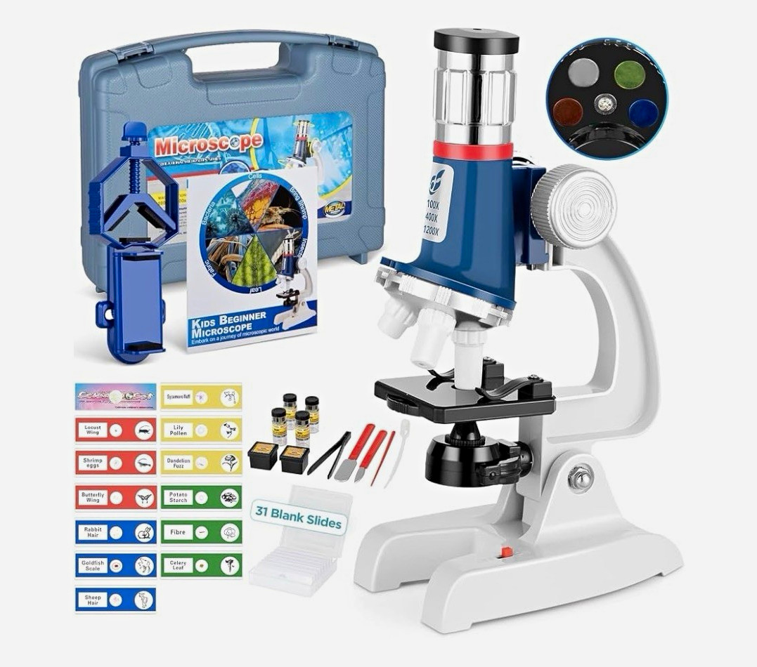 Kids Beginner Microscope Kit 58pc 100X-1200X Magnification Carry Case Ages 6+