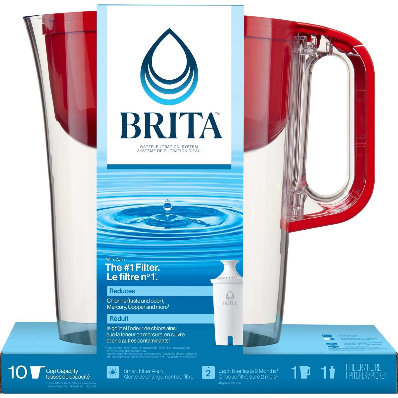 Large 10 Cup Red Huron Water Filter Pitcher with 1 Standard Filter Without BPA