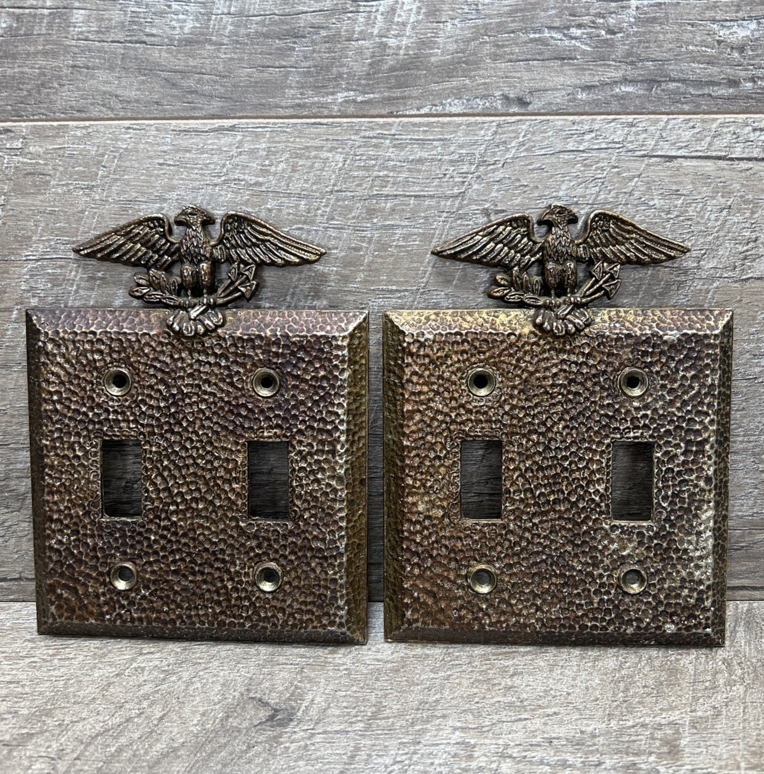 (2) Vintage 1970s Hammered Metal Eagle Double Light Switch Plate Covers Set