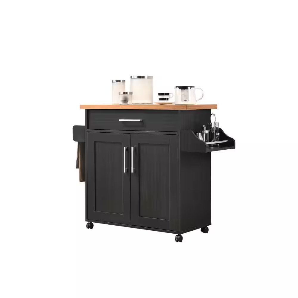Black-Beech Kitchen Island with Spice Rack and Towel Holder