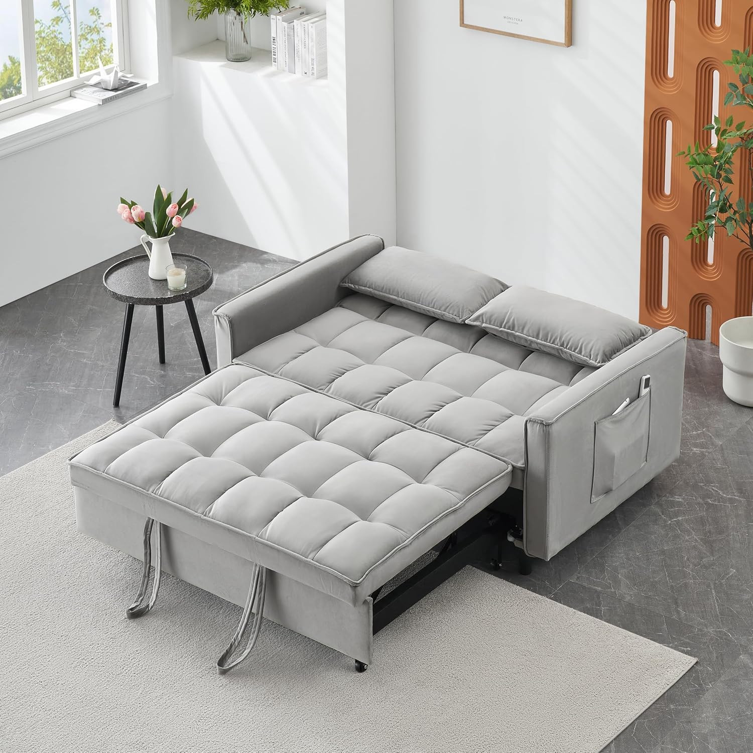 3 in 1 Convertible Sleeper Sofa Bed Pull Out Couch, 55 Inch Tufted Velvet Lovese