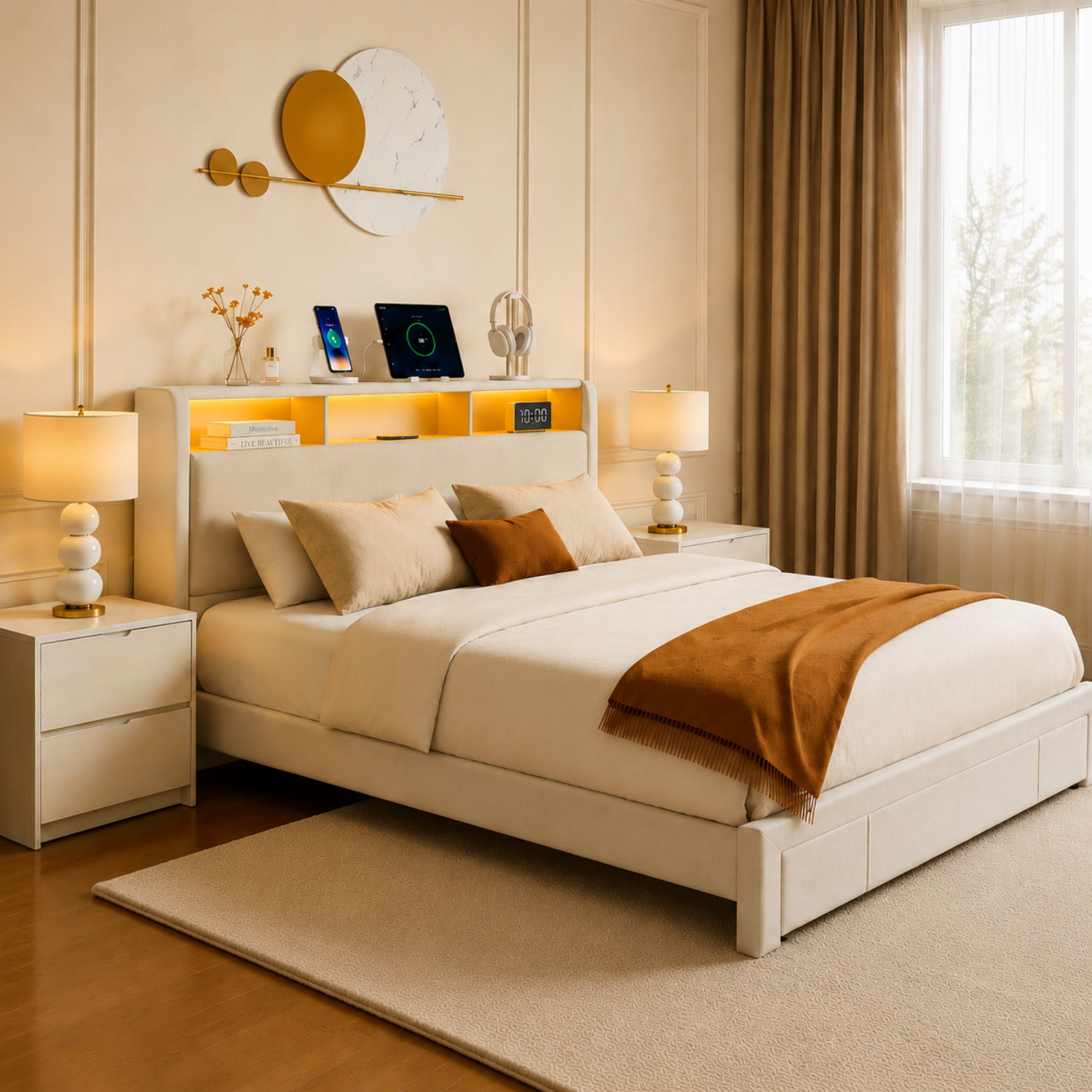 Full/Queen LED Bed Frame with Upholstered Storage Headboard & Drawer & USB Ports