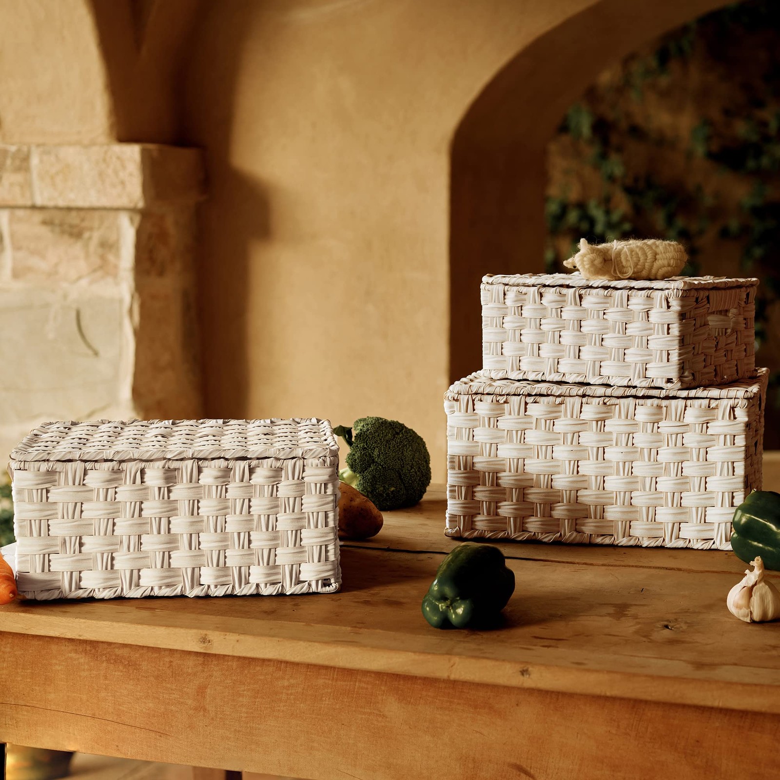 Wicker Storage Baskets with Lids, Set of 3 Decorative Storage Boxes, Baskets ...